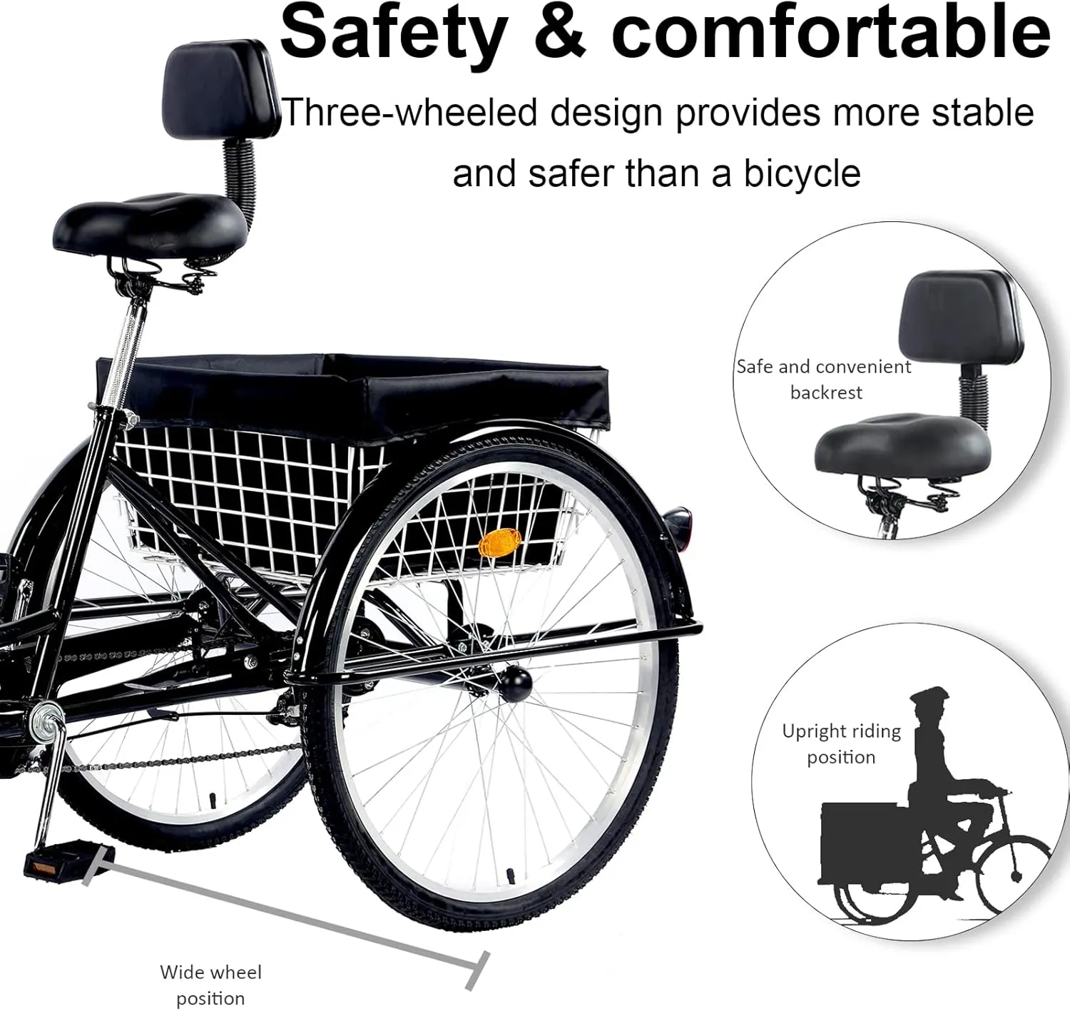 24/26" Adult Tricycle 7 Speed, 3 Wheel Mountain Trikes, Three Wheeled Bikes with Basket & Backrest Seat for Seniors, Women, Men, Multiple Colors