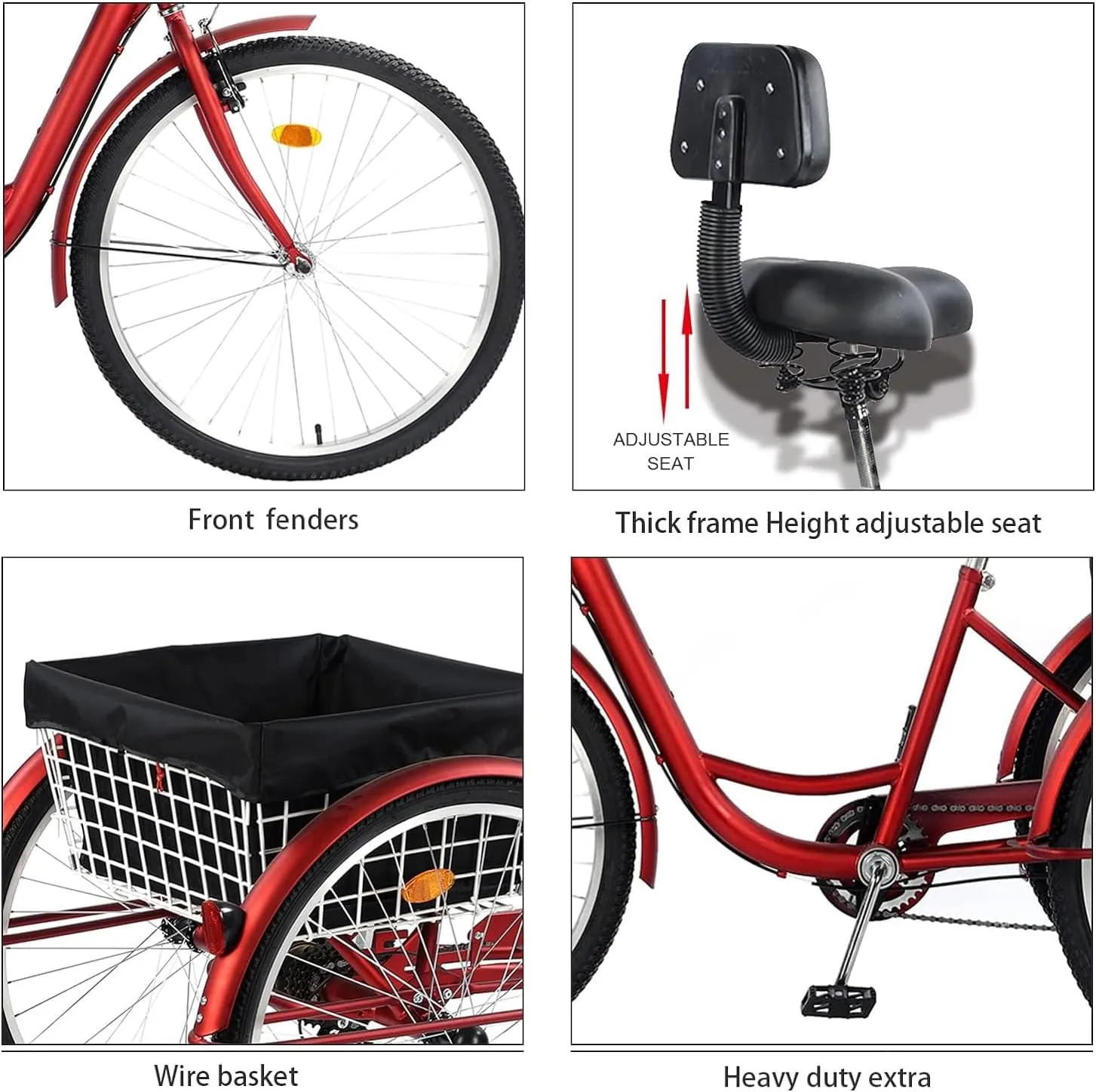 24/26" Adult Tricycle 7 Speed, 3 Wheel Mountain Trikes, Three Wheeled Bikes with Basket & Backrest Seat for Seniors, Women, Men, Multiple Colors
