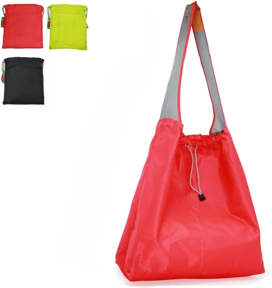 3 Pack Ripstop Nylon Foldable Reusable Grocery Shopping Bag with Pouch & Inner Pocket, Draw-String