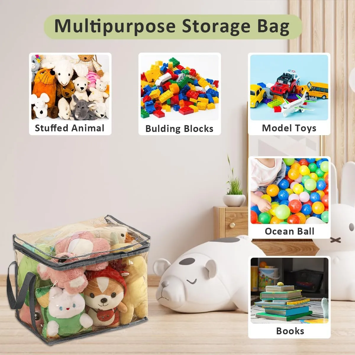 3-Pack Toy Storage Organizer, Clear PVC Board Game Storage, Transparent Toy Storage Bags with Lid & Handles, Cube Storage Bins for Board Games, Puzzles, Building Blocks, Books