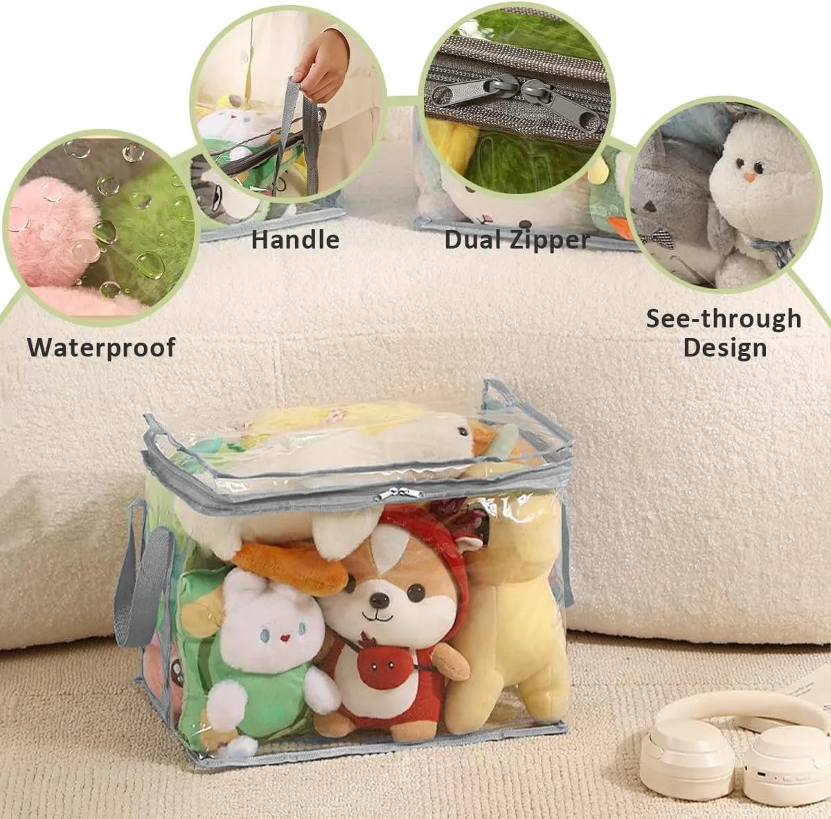 3-Pack Toy Storage Organizer, Clear PVC Board Game Storage, Transparent Toy Storage Bags with Lid & Handles, Cube Storage Bins for Board Games, Puzzles, Building Blocks, Books