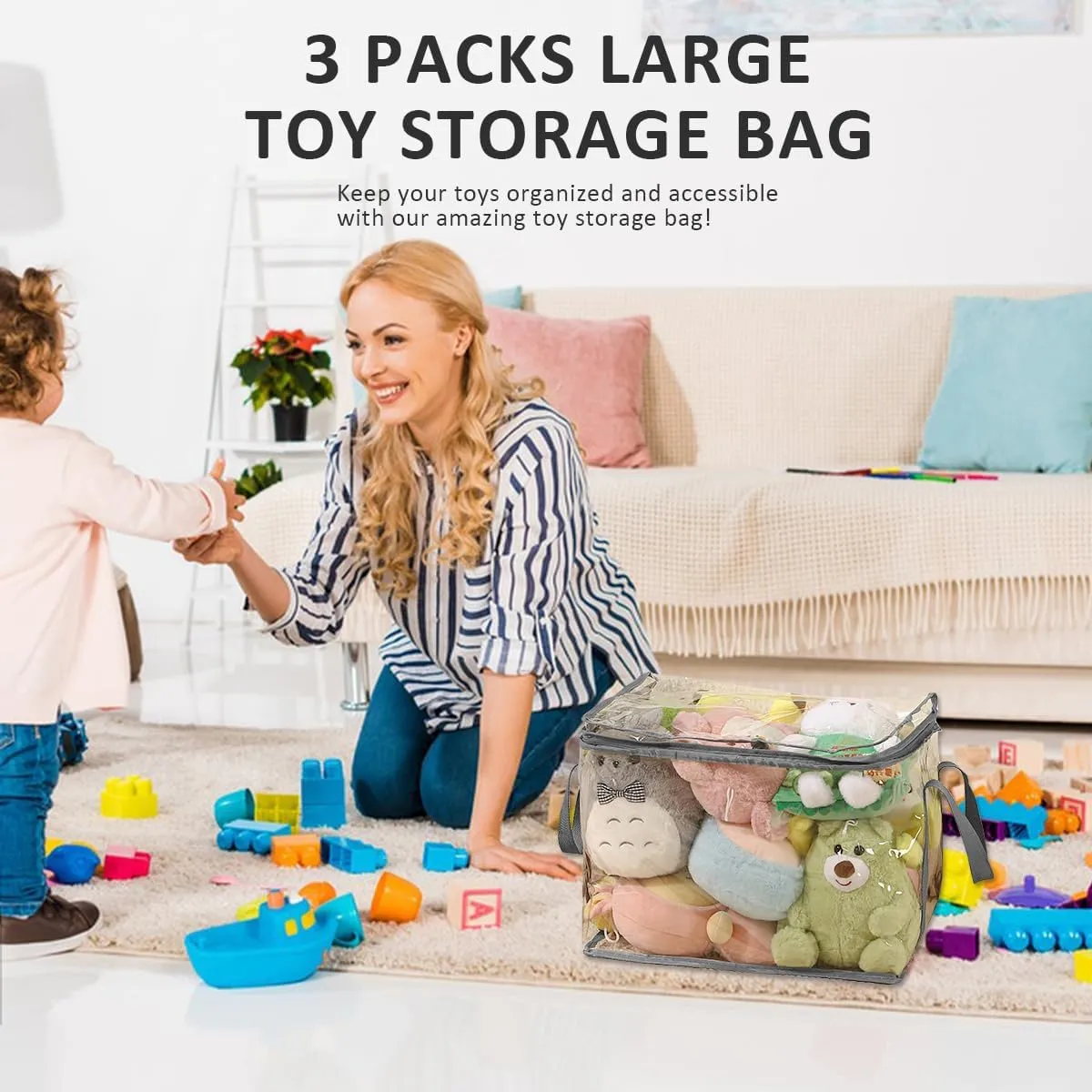 3-Pack Toy Storage Organizer, Clear PVC Board Game Storage, Transparent Toy Storage Bags with Lid & Handles, Cube Storage Bins for Board Games, Puzzles, Building Blocks, Books