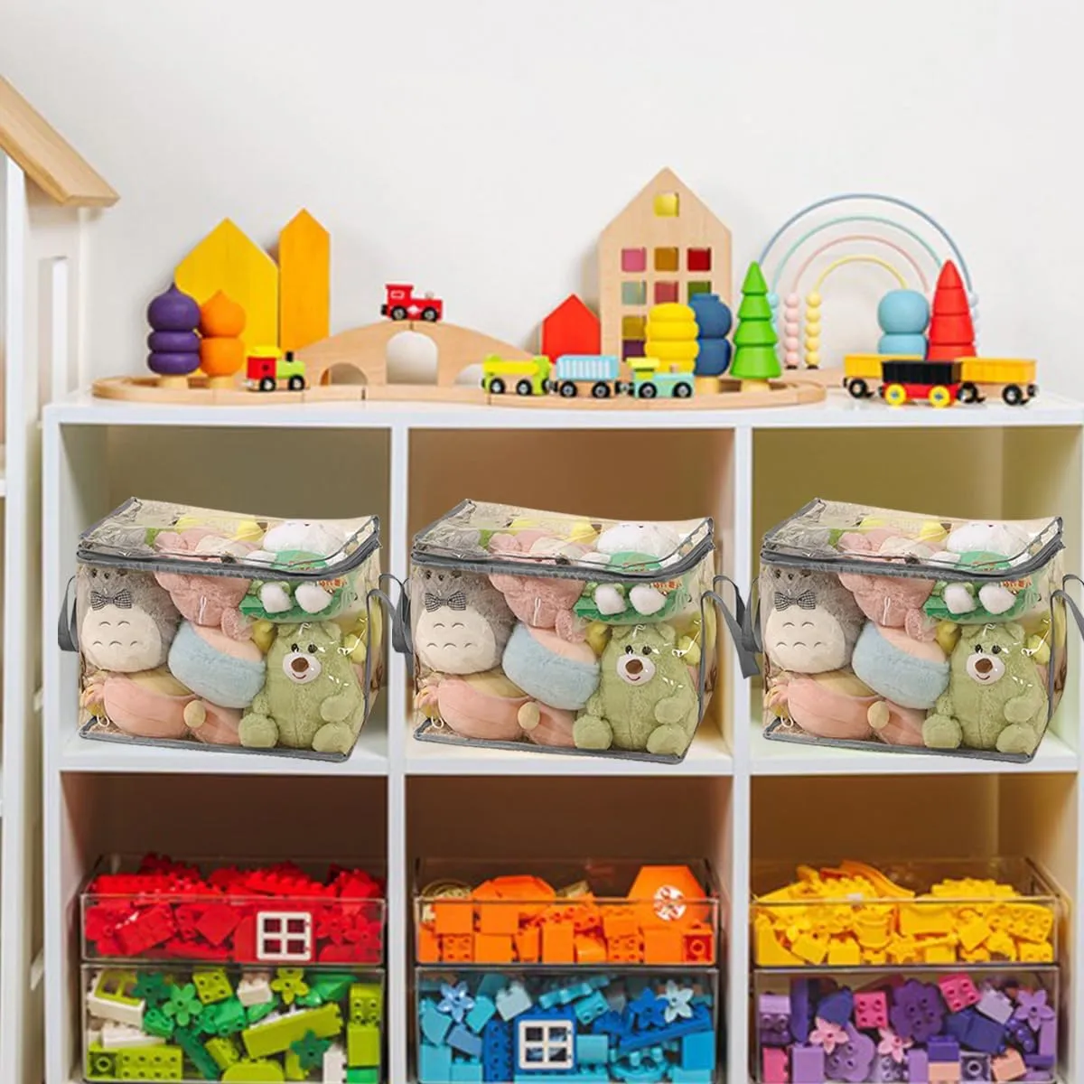 3-Pack Toy Storage Organizer, Clear PVC Board Game Storage, Transparent Toy Storage Bags with Lid & Handles, Cube Storage Bins for Board Games, Puzzles, Building Blocks, Books