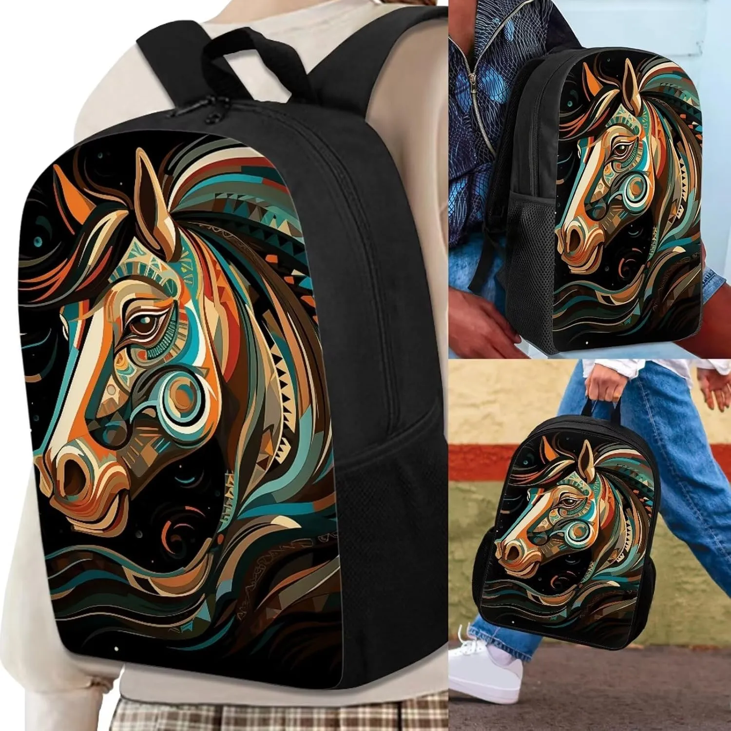 3 PCS Tribal Style Horse Boys School Backpack 17 Inch Large Capacity Boys Bookbag 10-12 Years Old Lightweight Teens School Bag and Lunch Kit for Middle Elementary Travel Knapsack