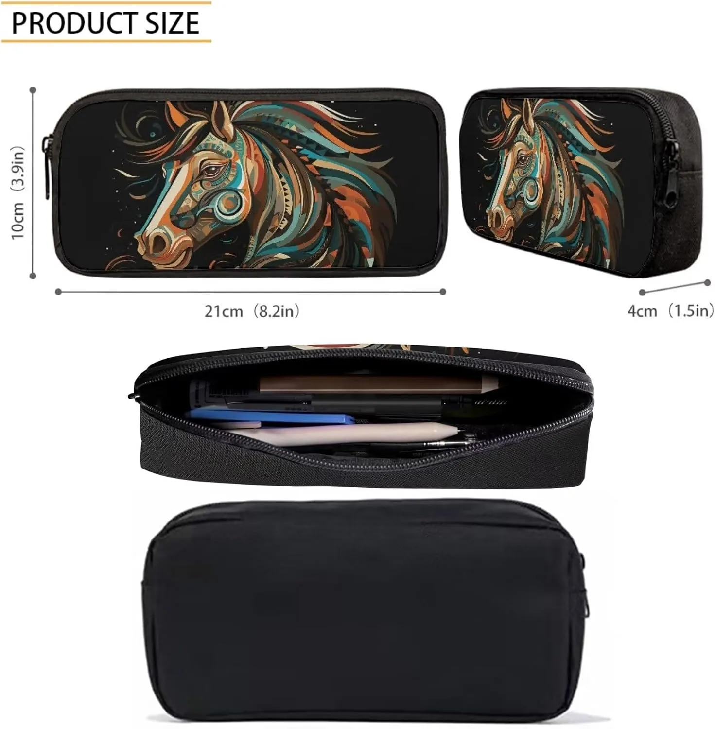 3 PCS Tribal Style Horse Boys School Backpack 17 Inch Large Capacity Boys Bookbag 10-12 Years Old Lightweight Teens School Bag and Lunch Kit for Middle Elementary Travel Knapsack