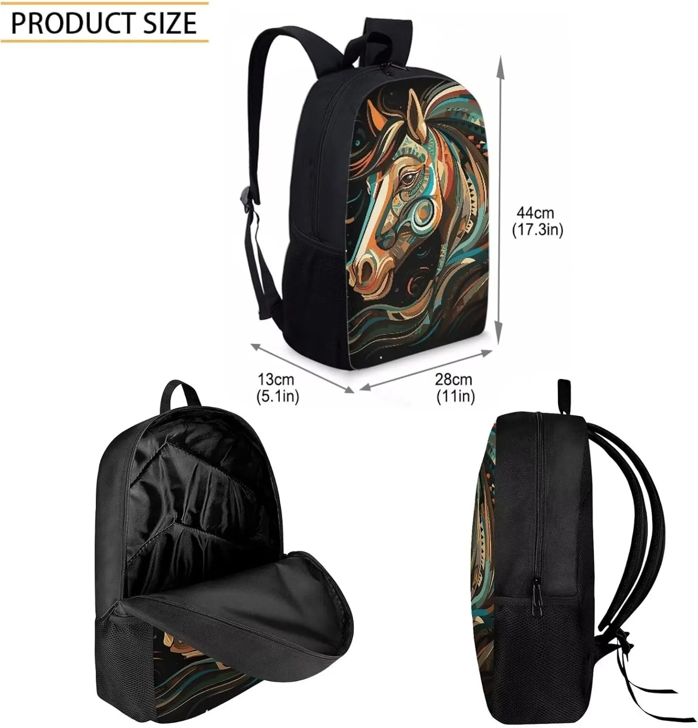 3 PCS Tribal Style Horse Boys School Backpack 17 Inch Large Capacity Boys Bookbag 10-12 Years Old Lightweight Teens School Bag and Lunch Kit for Middle Elementary Travel Knapsack
