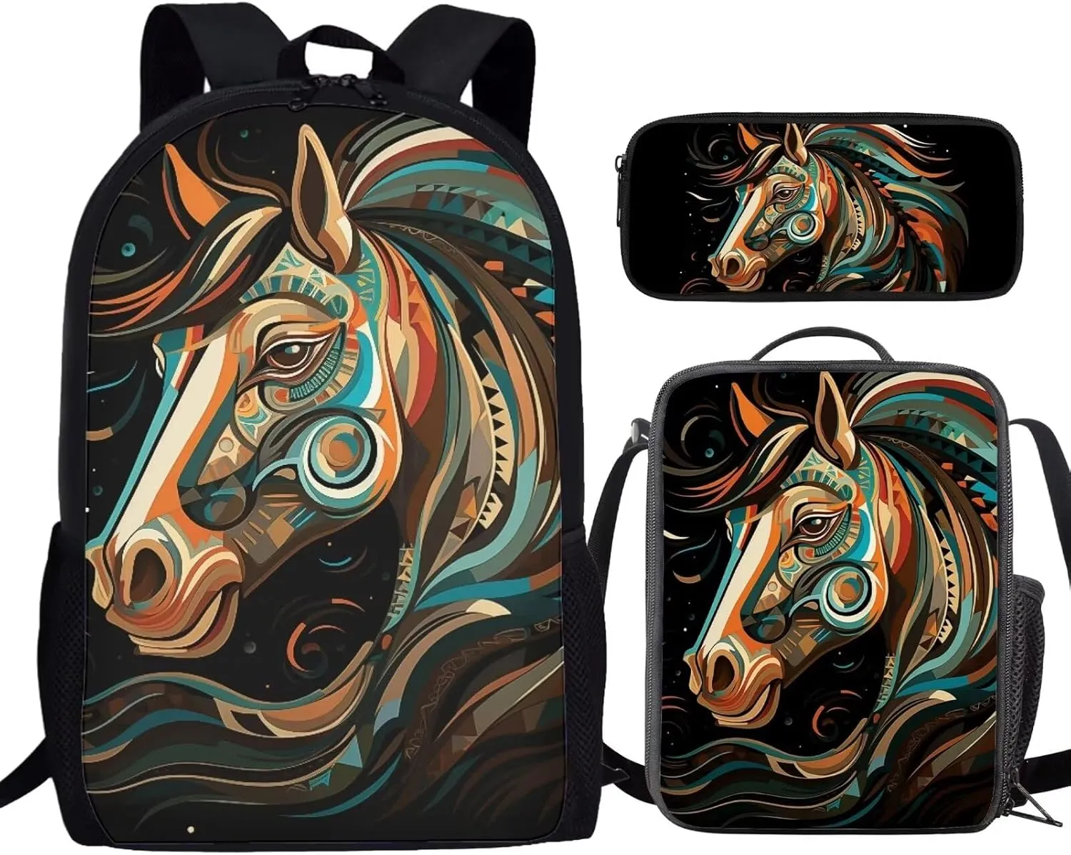 3 PCS Tribal Style Horse Boys School Backpack 17 Inch Large Capacity Boys Bookbag 10-12 Years Old Lightweight Teens School Bag and Lunch Kit for Middle Elementary Travel Knapsack