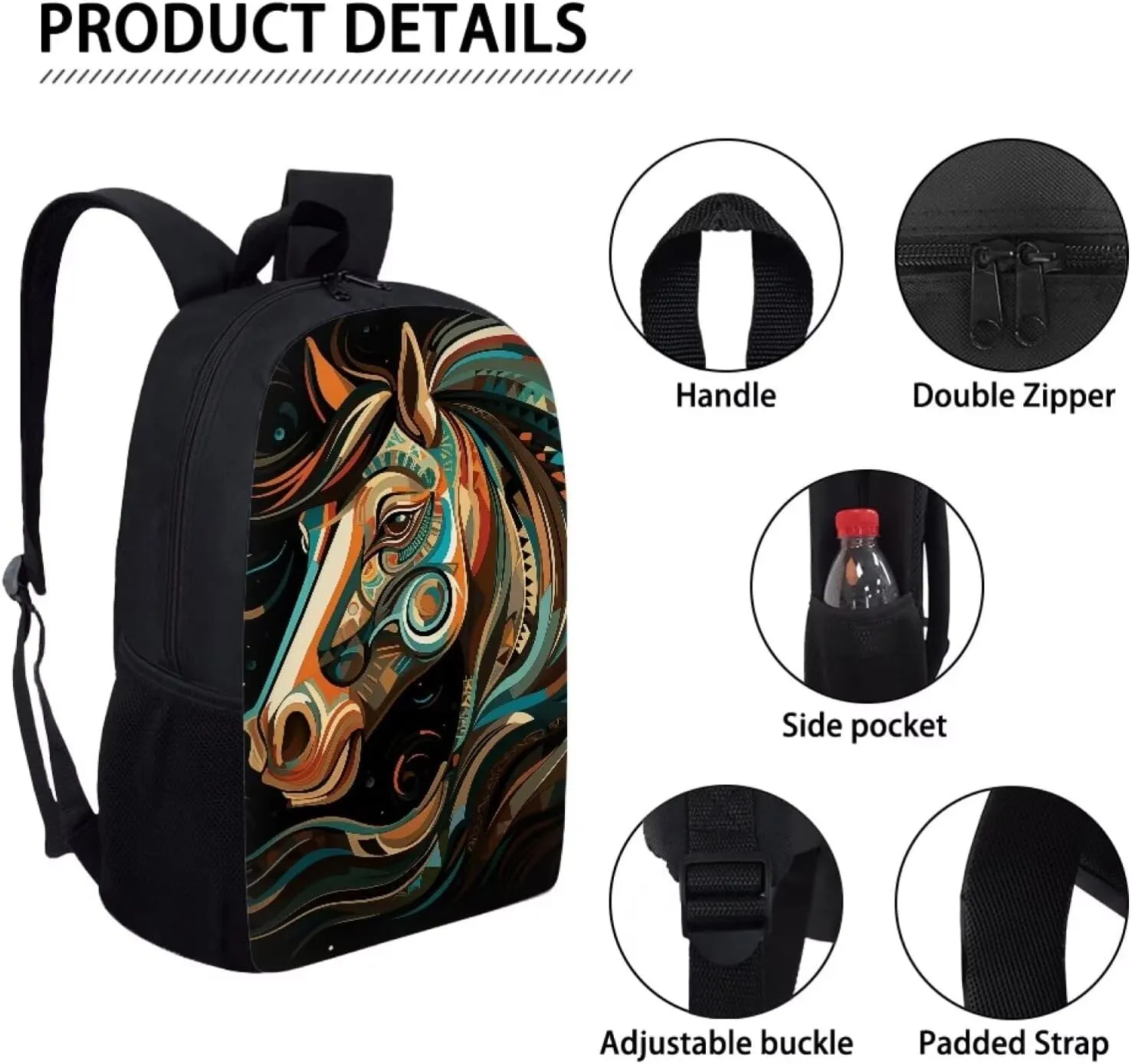 3 PCS Tribal Style Horse Boys School Backpack 17 Inch Large Capacity Boys Bookbag 10-12 Years Old Lightweight Teens School Bag and Lunch Kit for Middle Elementary Travel Knapsack