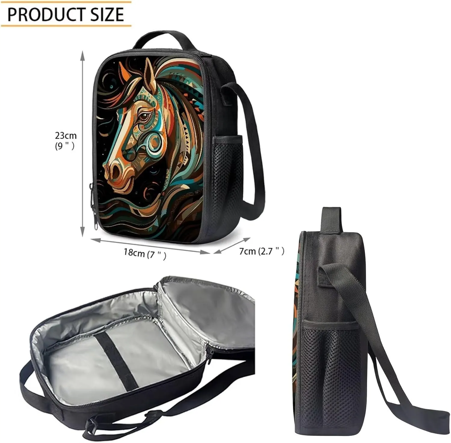 3 PCS Tribal Style Horse Boys School Backpack 17 Inch Large Capacity Boys Bookbag 10-12 Years Old Lightweight Teens School Bag and Lunch Kit for Middle Elementary Travel Knapsack