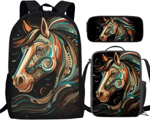 3 PCS Tribal Style Horse Boys School Backpack 17 Inch Large Capacity Boys Bookbag 10-12 Years Old Lightweight Teens School Bag and Lunch Kit for Middle Elementary Travel Knapsack