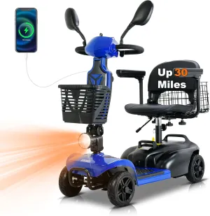 30 Miles Long Range 4 Wheel Electric Mobility Scooter, Foldable Travel Mobility Scooter for Adults with 350W Motor, 300 lb Capacity, 720Wh Battery, Dual Baskets(FSA/HSA Eligible)