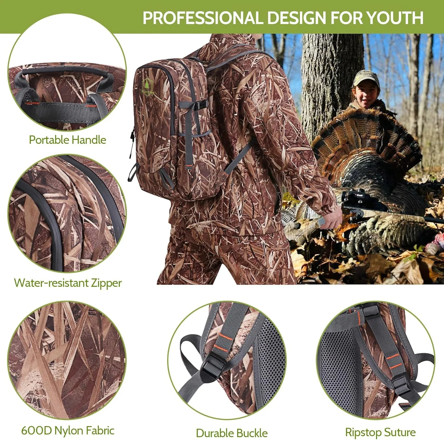 30L Kids Camo Hunting Backpack with 11 Pockets, Small Lightweight Hunting Bag for Youth, Men Water Resistant Day Pack for Boys & Girls, Travel, Hiking, Camping