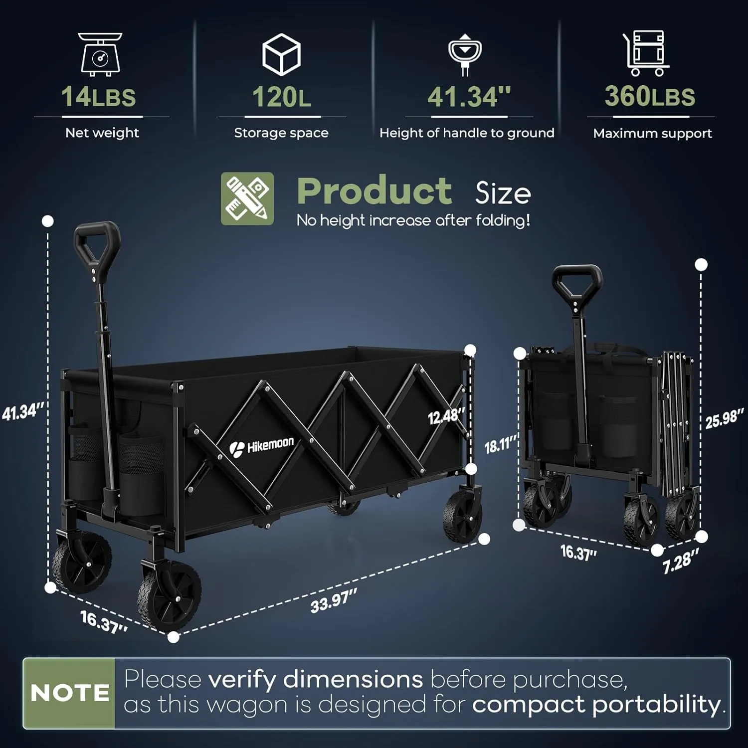 34'' Extra Long Collapsible Wagons Carts Foldable, 360LBS Heavy Duty Folding Beach Wagon Cart with Wheels, Portable Utility Outdoor Wagon for Grocery, Shopping, Garden, Sports, Camping, Black