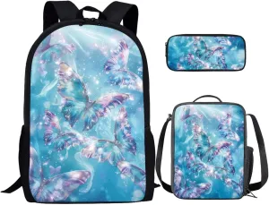 3PCS Backpack Set, Art Butterfly Toddler Girl Backpack and Lunch Box Set, Large Capacity Kids School Handbag Lightweight Knapsack for Middle High School/Business Trip/Excursions