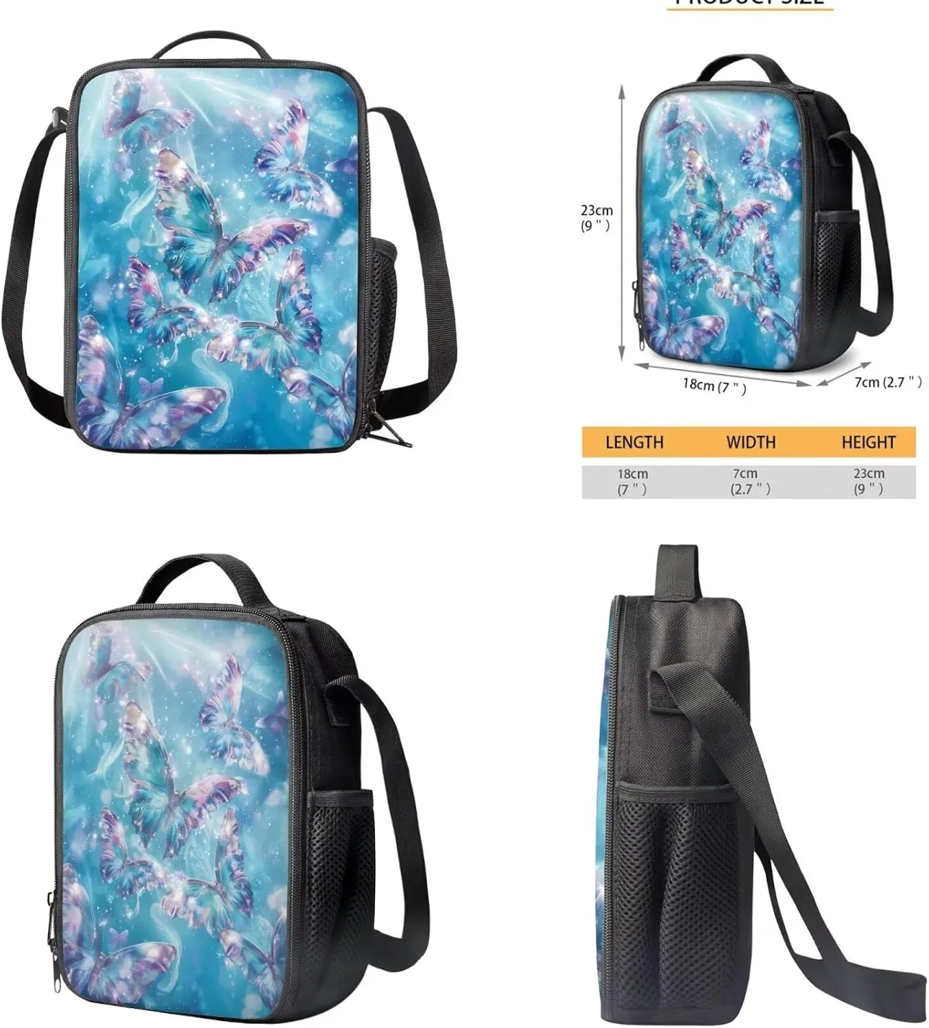 3PCS Backpack Set, Art Butterfly Toddler Girl Backpack and Lunch Box Set, Large Capacity Kids School Handbag Lightweight Knapsack for Middle High School/Business Trip/Excursions