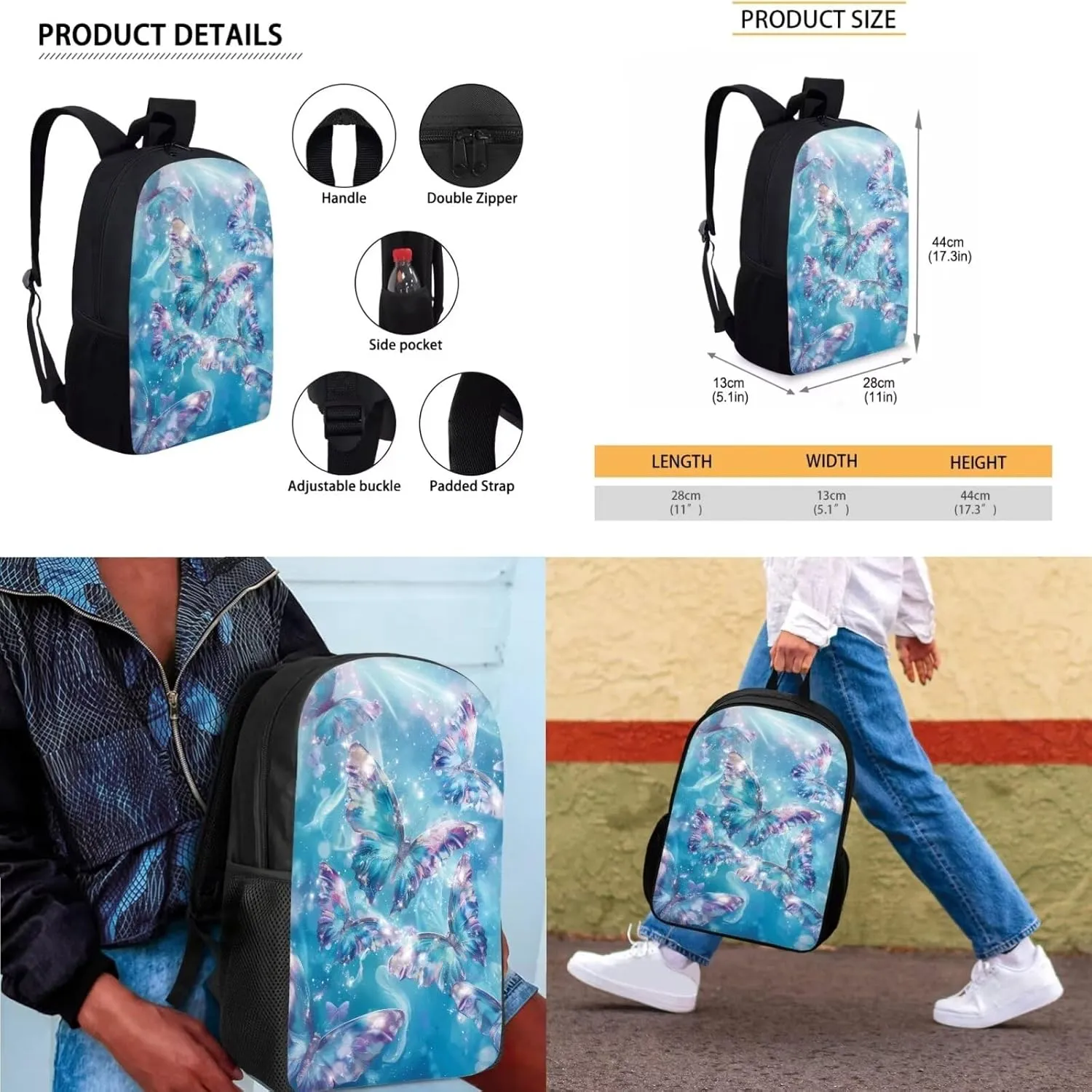 3PCS Backpack Set, Art Butterfly Toddler Girl Backpack and Lunch Box Set, Large Capacity Kids School Handbag Lightweight Knapsack for Middle High School/Business Trip/Excursions