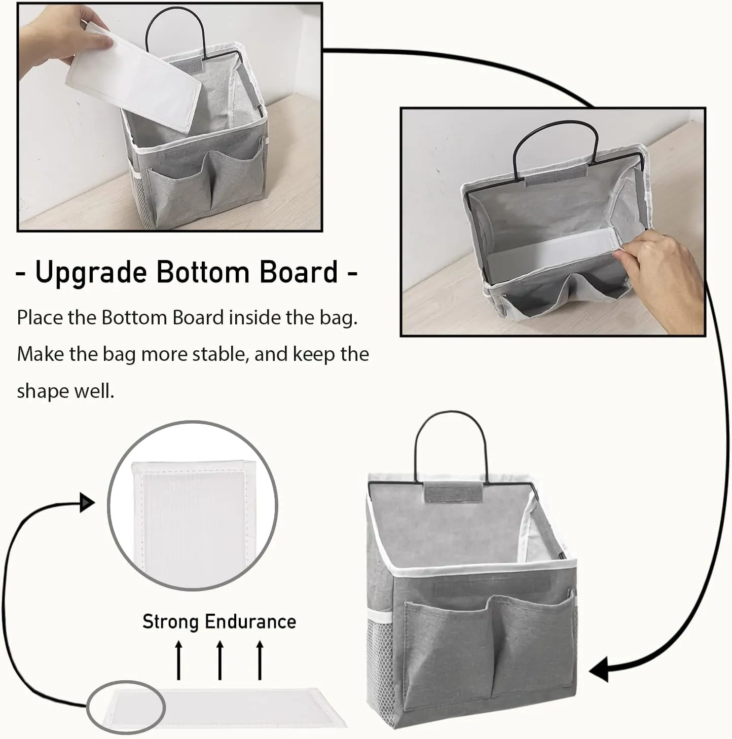 3pcs Small Wall Hanging Organizer Bag, Linen Fabric Door Hanging Storage Basket with Pockets, Waterproof Bin for Kitchen, Bedroom, Office, RV Camper (White)