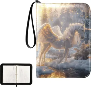 4 Pockets Trading Card Album Holder Book Folder Sports Card Binder White Unicorn 400 Double Side Pockets for 3 Ring Binder Zipper