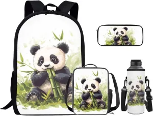 4PCS Backpack Sets for School Panda Bookbags for 6th Grade Girls Trendy Backpacks with Lunch Box Water Bottle Holder and Zipper Pencil Case for Elementary Students Gifts