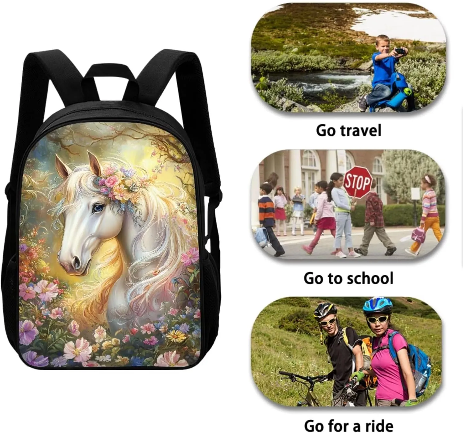 4PCS Horse Backpack for Girls with a Matching Lunchbox Backpack with Adjustable Straps Wate Bottle Carrier and Zipper Pencil Case 17 Inch Novelty Bookbag for 1-8th Grade Students