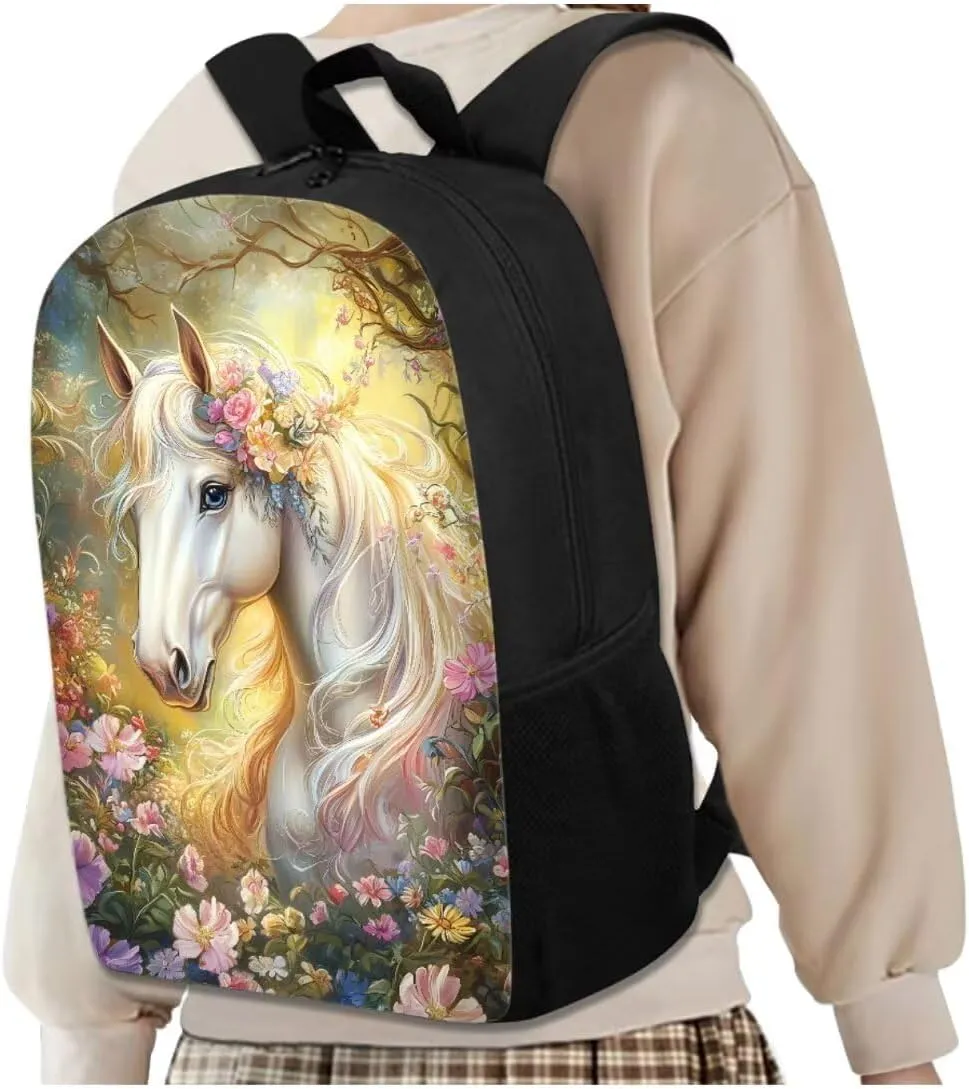 4PCS Horse Backpack for Girls with a Matching Lunchbox Backpack with Adjustable Straps Wate Bottle Carrier and Zipper Pencil Case 17 Inch Novelty Bookbag for 1-8th Grade Students