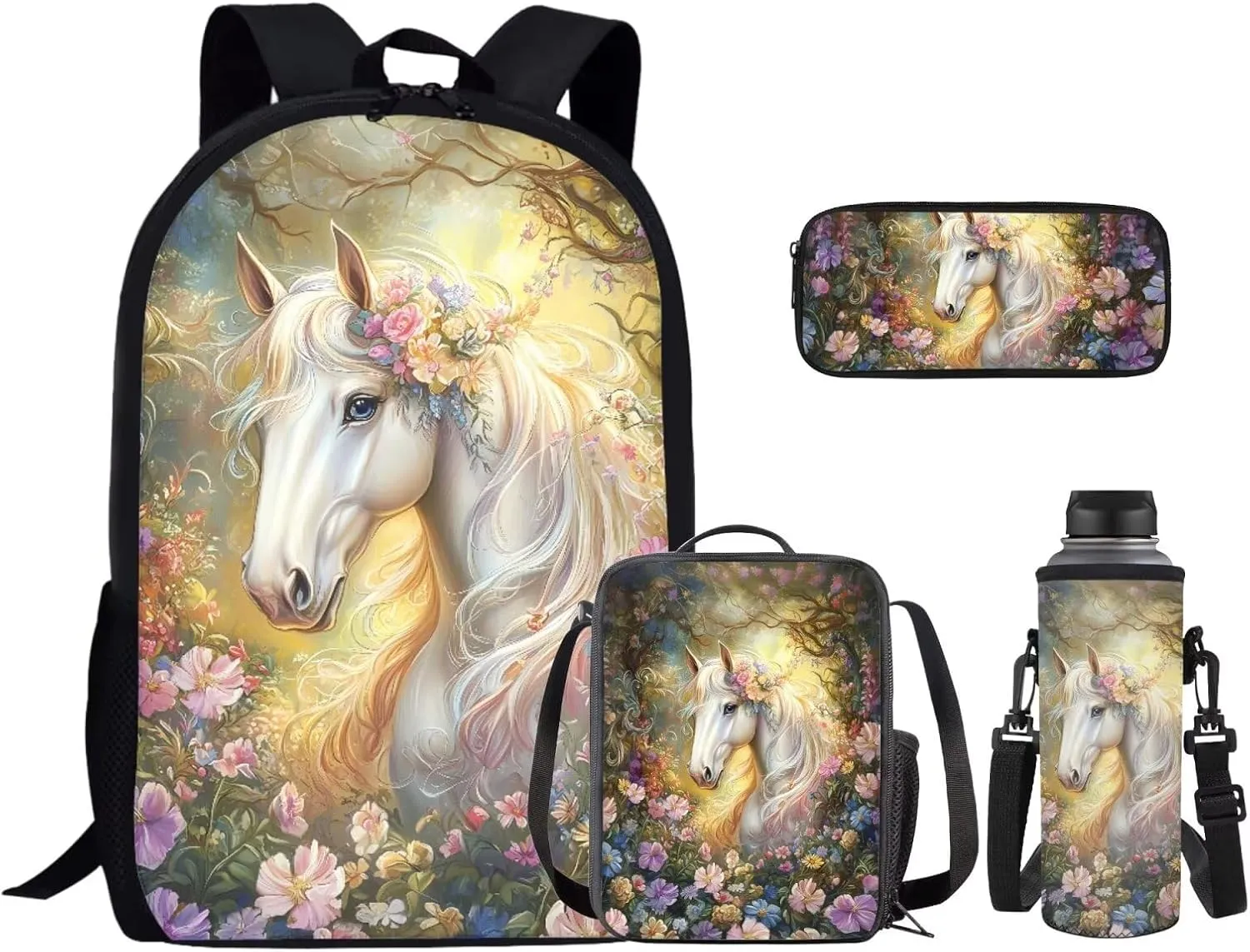 4PCS Horse Backpack for Girls with a Matching Lunchbox Backpack with Adjustable Straps Wate Bottle Carrier and Zipper Pencil Case 17 Inch Novelty Bookbag for 1-8th Grade Students