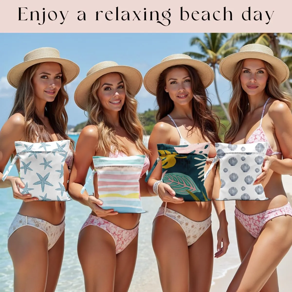 4Pcs Waterproof Wet Bag for Swimsuit, Travel Beach Wet Dry Bag, Hidden Zipper Reusable Shell Starfish Beach Palm leaf Decor, for Travel Beach Wet Swimsuits Toiletries Diapers Laundry Bag