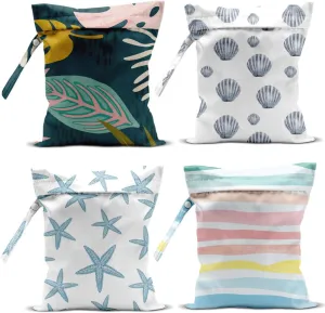 4Pcs Waterproof Wet Bag for Swimsuit, Travel Beach Wet Dry Bag, Hidden Zipper Reusable Shell Starfish Beach Palm leaf Decor, for Travel Beach Wet Swimsuits Toiletries Diapers Laundry Bag