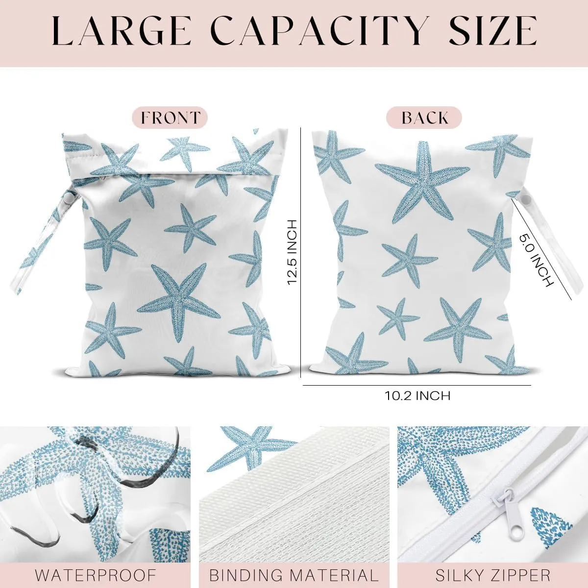 4Pcs Waterproof Wet Bag for Swimsuit, Travel Beach Wet Dry Bag, Hidden Zipper Reusable Shell Starfish Beach Palm leaf Decor, for Travel Beach Wet Swimsuits Toiletries Diapers Laundry Bag