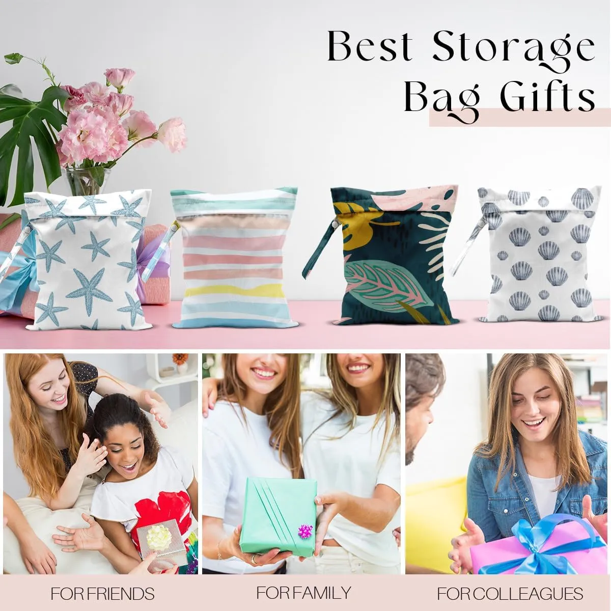 4Pcs Waterproof Wet Bag for Swimsuit, Travel Beach Wet Dry Bag, Hidden Zipper Reusable Shell Starfish Beach Palm leaf Decor, for Travel Beach Wet Swimsuits Toiletries Diapers Laundry Bag