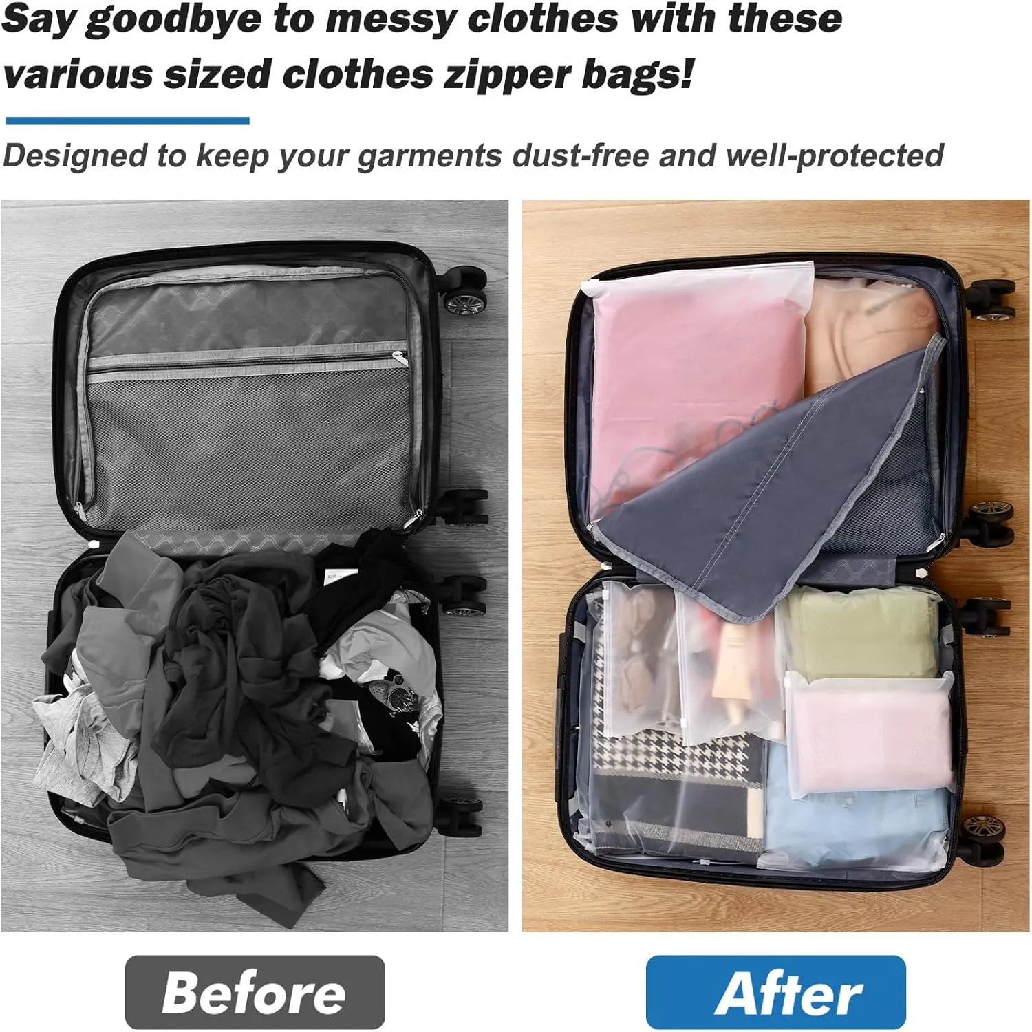50 Packs Clothes Packaging Bags with Ziplock 11.8" x 13.8" Large Plastic Clear T-shirt Frosted Travel Organizer Bag Resealable Zipper Poly Storage with Size Stickers, 5.5 Mil Thick