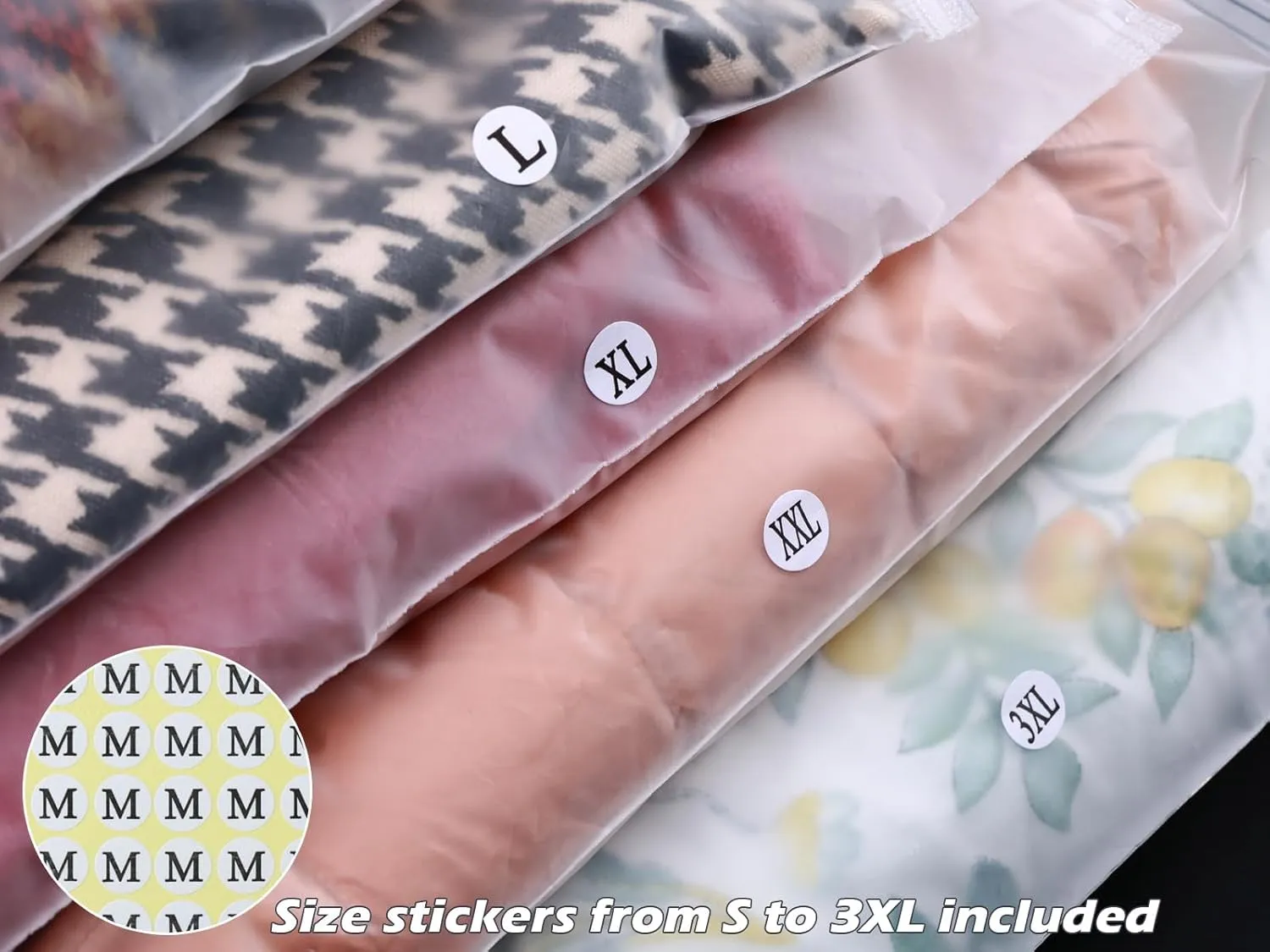 50 Packs Clothes Packaging Bags with Ziplock 11.8" x 13.8" Large Plastic Clear T-shirt Frosted Travel Organizer Bag Resealable Zipper Poly Storage with Size Stickers, 5.5 Mil Thick