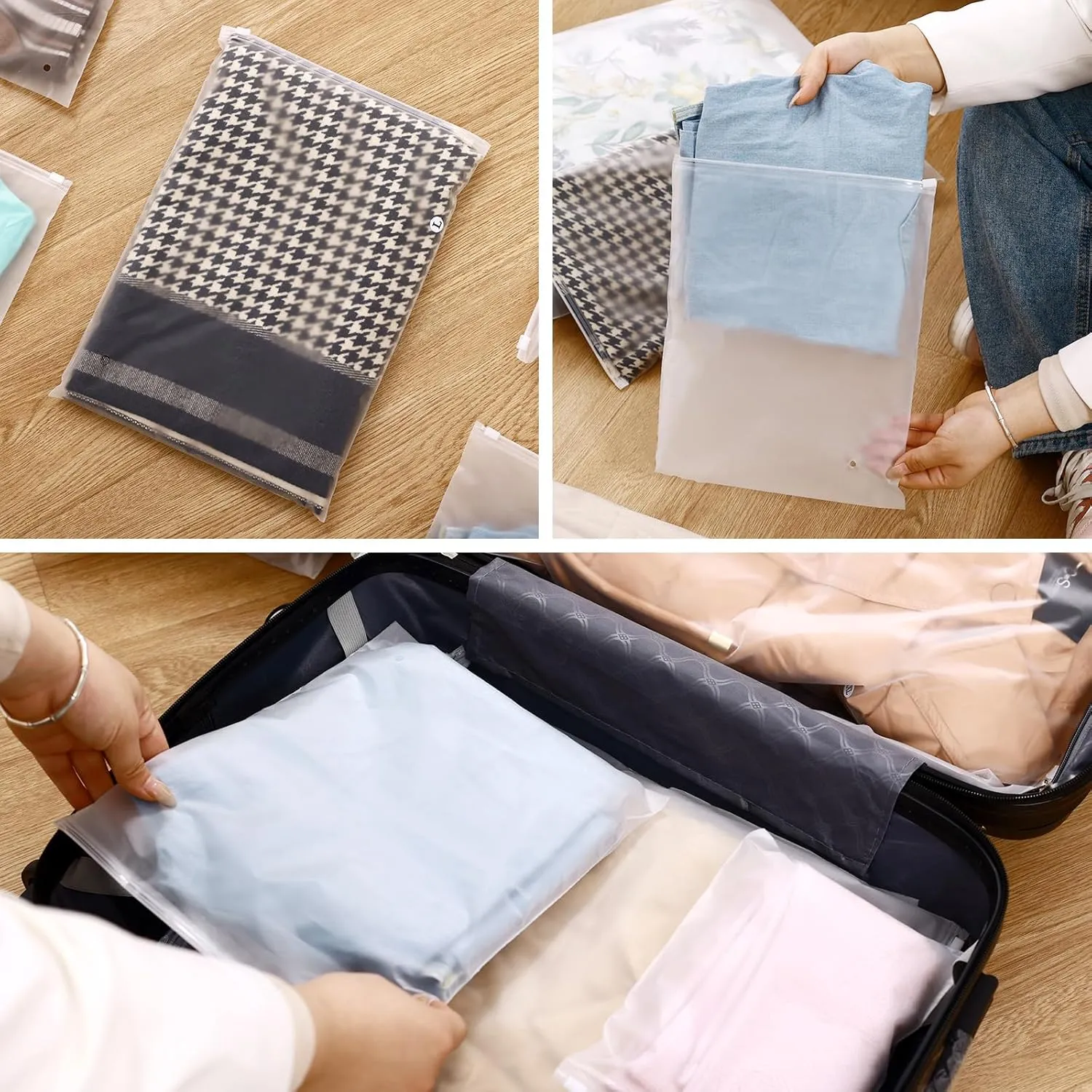 50 Packs Clothes Packaging Bags with Ziplock 11.8" x 13.8" Large Plastic Clear T-shirt Frosted Travel Organizer Bag Resealable Zipper Poly Storage with Size Stickers, 5.5 Mil Thick