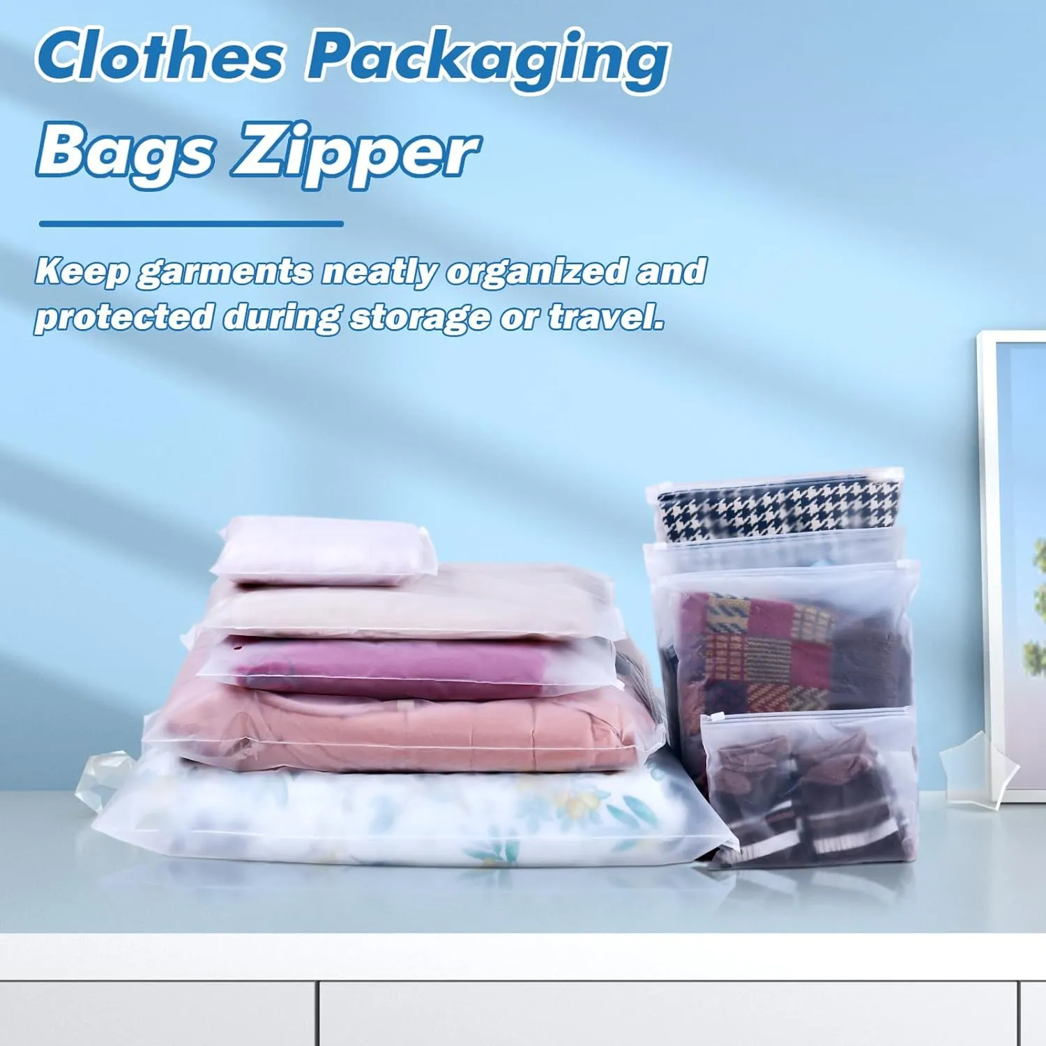 50 Packs Clothes Packaging Bags with Ziplock 11.8" x 13.8" Large Plastic Clear T-shirt Frosted Travel Organizer Bag Resealable Zipper Poly Storage with Size Stickers, 5.5 Mil Thick