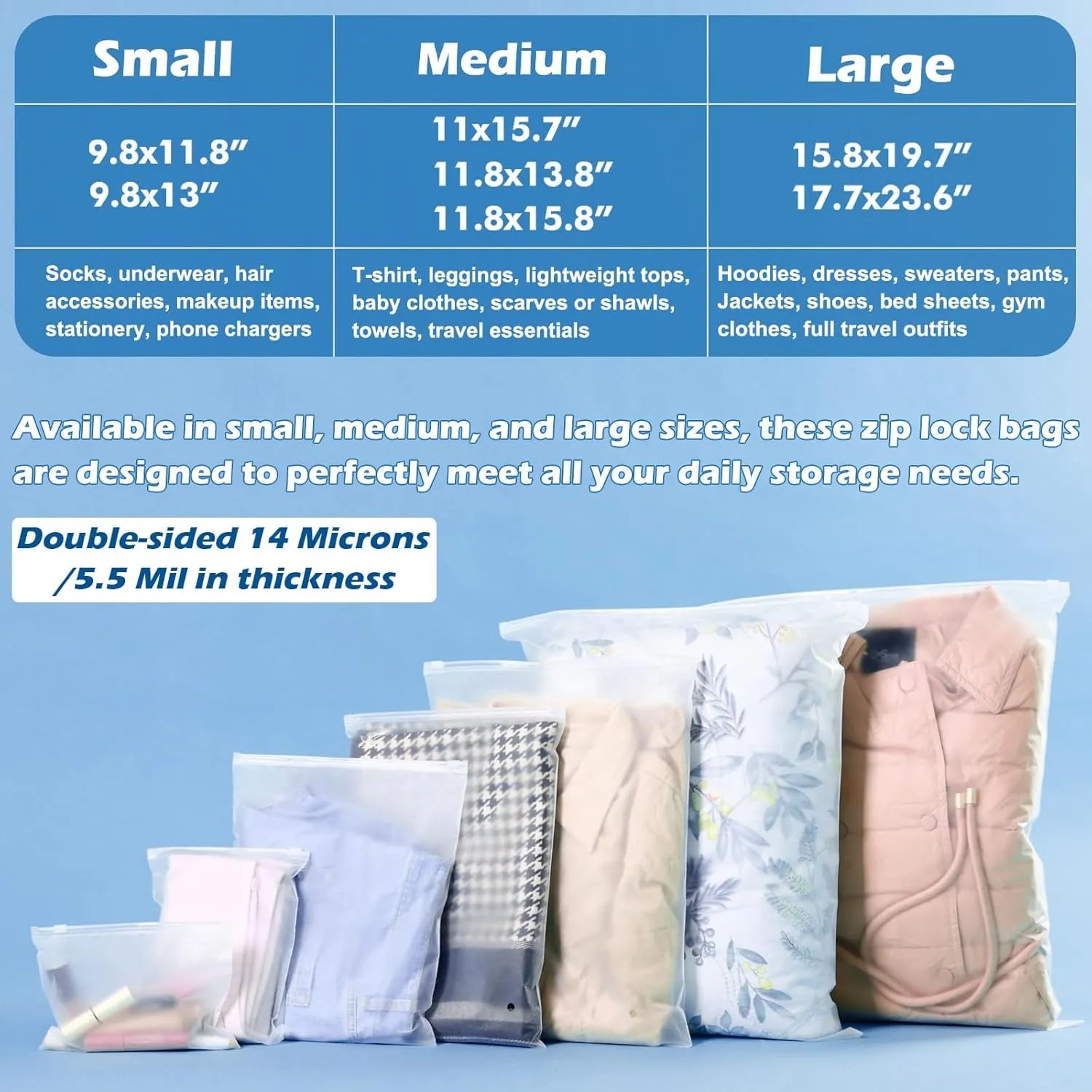 50 Packs Clothes Packaging Bags with Ziplock 11.8" x 13.8" Large Plastic Clear T-shirt Frosted Travel Organizer Bag Resealable Zipper Poly Storage with Size Stickers, 5.5 Mil Thick