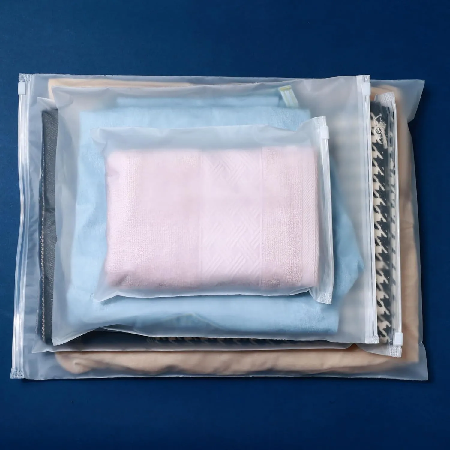 50 Packs Clothes Packaging Bags with Ziplock 11.8" x 13.8" Large Plastic Clear T-shirt Frosted Travel Organizer Bag Resealable Zipper Poly Storage with Size Stickers, 5.5 Mil Thick