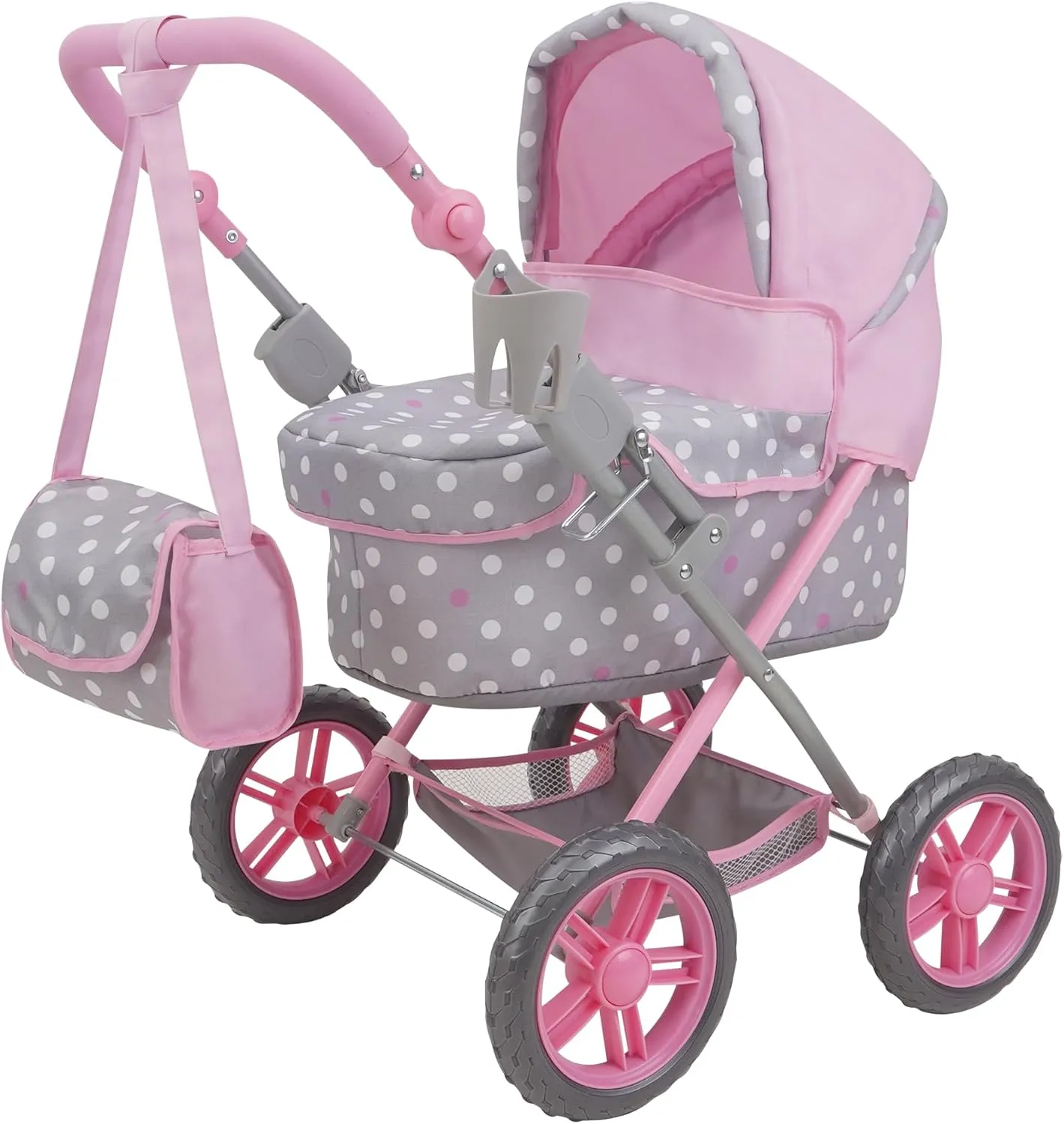 509 Crew: Cotton Candy Pink: Amanda Doll Pram - Pink, Grey, Polka Dot - W/Matching Handbag, Foldable, Removable Bassinet, Kids Pretend Play, Ages 3 