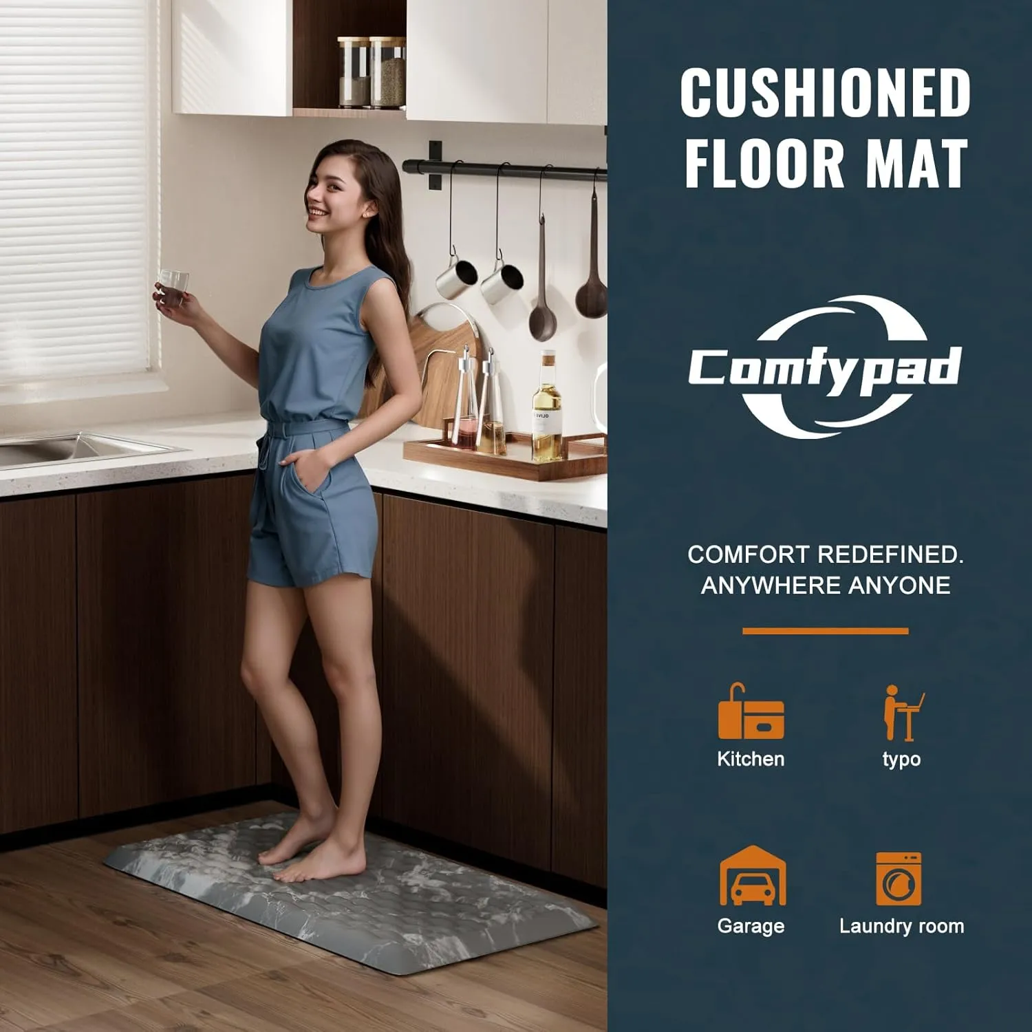 5/6 Inch Thick Anti-Fatigue Floor Mat,Ergonomic Office Standing Desk Mat, Kitchen Rug - Comfort & Durable Foam, Water Absorbing, Cushioned Non-Slip Bottom (19" x 32", White Marble Pattern)