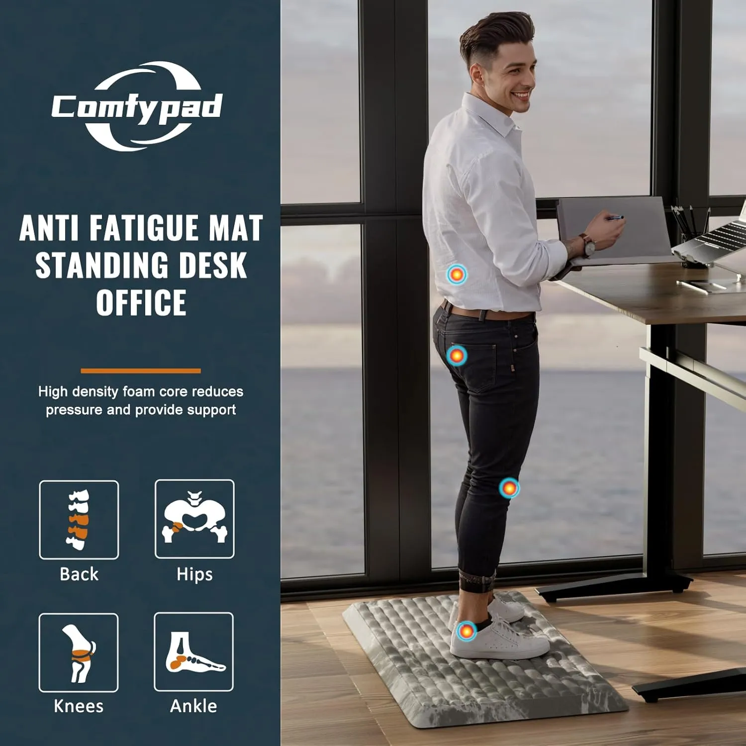 5/6 Inch Thick Anti-Fatigue Floor Mat,Ergonomic Office Standing Desk Mat, Kitchen Rug - Comfort & Durable Foam, Water Absorbing, Cushioned Non-Slip Bottom (19" x 32", White Marble Pattern)