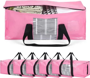 6 Pack Heavy Duty Extra Large Dorm Moving Bags with Visible Window and Reinforced Handles Heavy Duty Storage Tote for Space Saving Moving Supplies Clothes College Students(Pink)