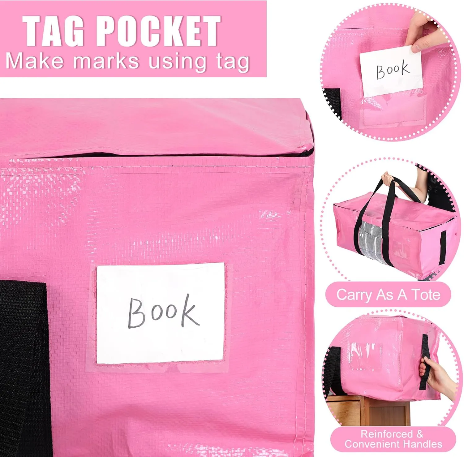 6 Pack Heavy Duty Extra Large Dorm Moving Bags with Visible Window and Reinforced Handles Heavy Duty Storage Tote for Space Saving Moving Supplies Clothes College Students(Pink)
