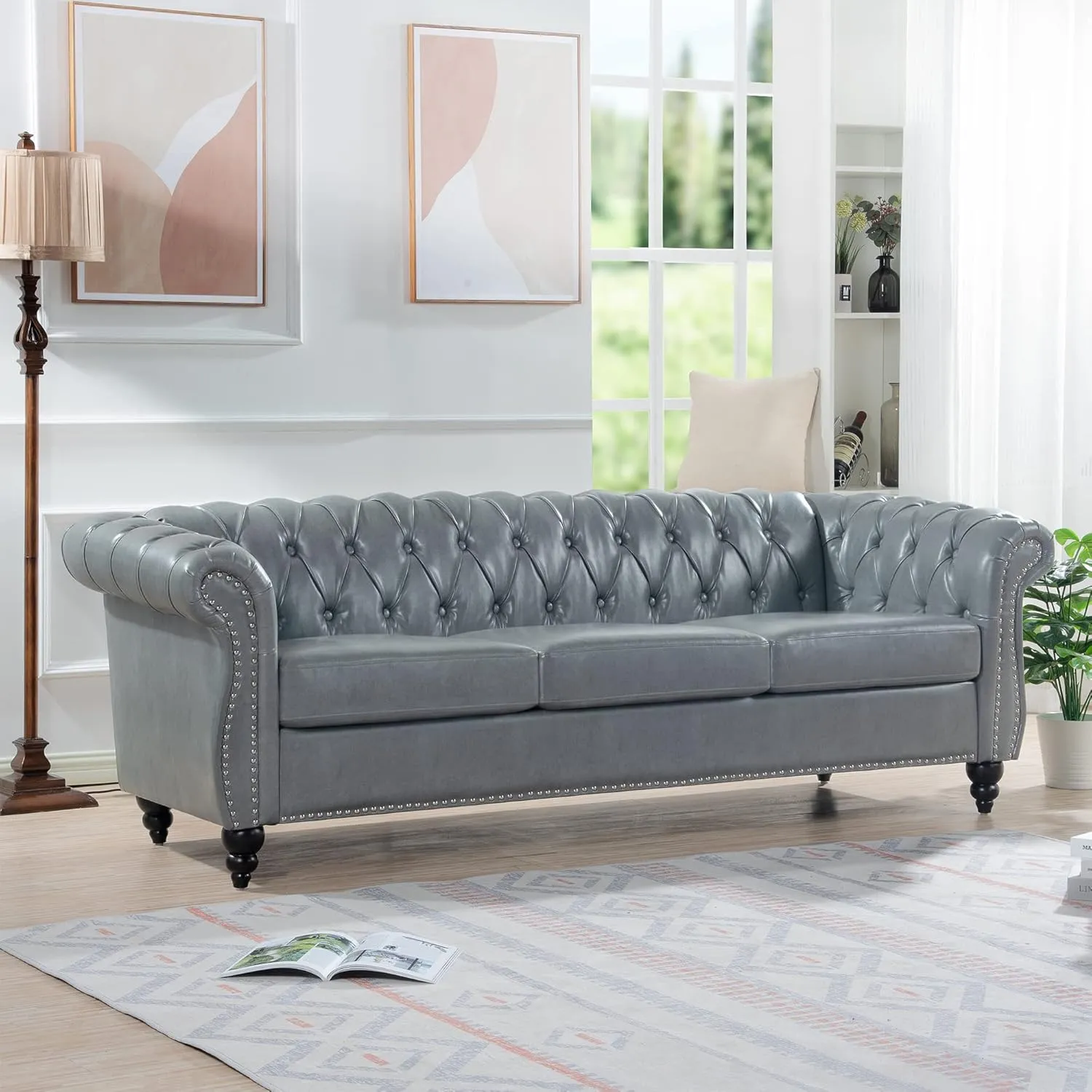 84" Chesterfield PU Leather Sofa, Upholstered PU Sofa with Tufted Back, Classic 3 Seater Leather Couch Rolled Arm for Living Room Bedroom Office, Gray