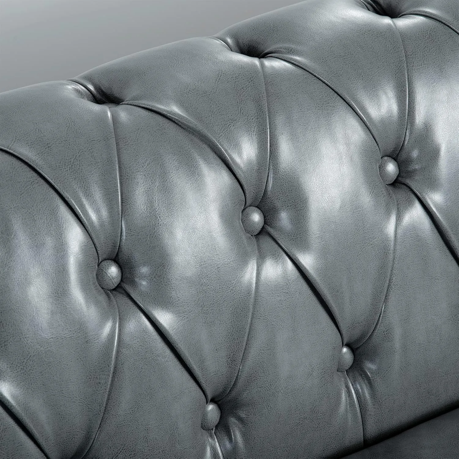 84" Chesterfield PU Leather Sofa, Upholstered PU Sofa with Tufted Back, Classic 3 Seater Leather Couch Rolled Arm for Living Room Bedroom Office, Gray