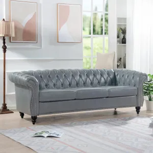 84" Chesterfield PU Leather Sofa, Upholstered PU Sofa with Tufted Back, Classic 3 Seater Leather Couch Rolled Arm for Living Room Bedroom Office, Gray