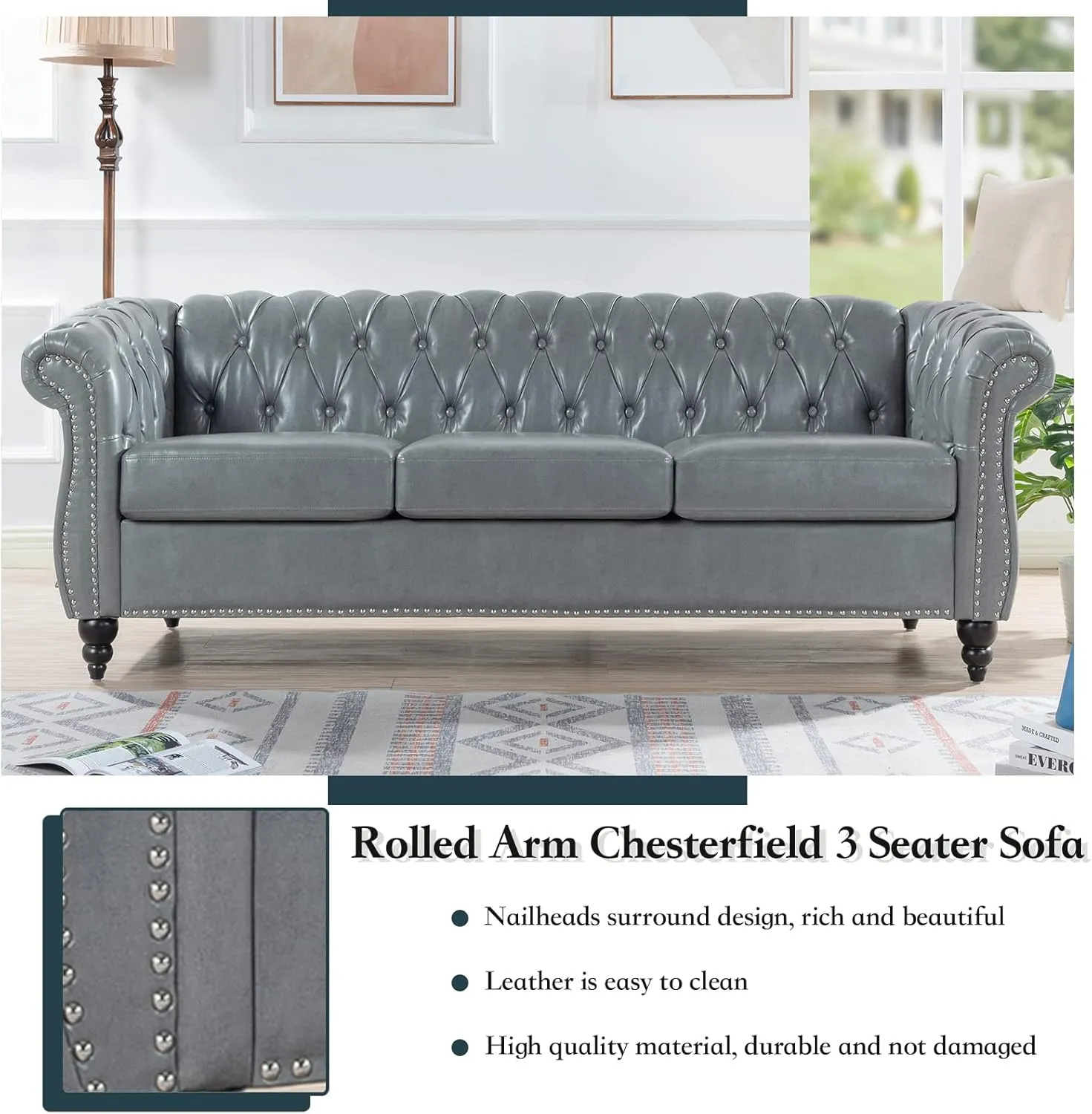 84" Chesterfield PU Leather Sofa, Upholstered PU Sofa with Tufted Back, Classic 3 Seater Leather Couch Rolled Arm for Living Room Bedroom Office, Gray