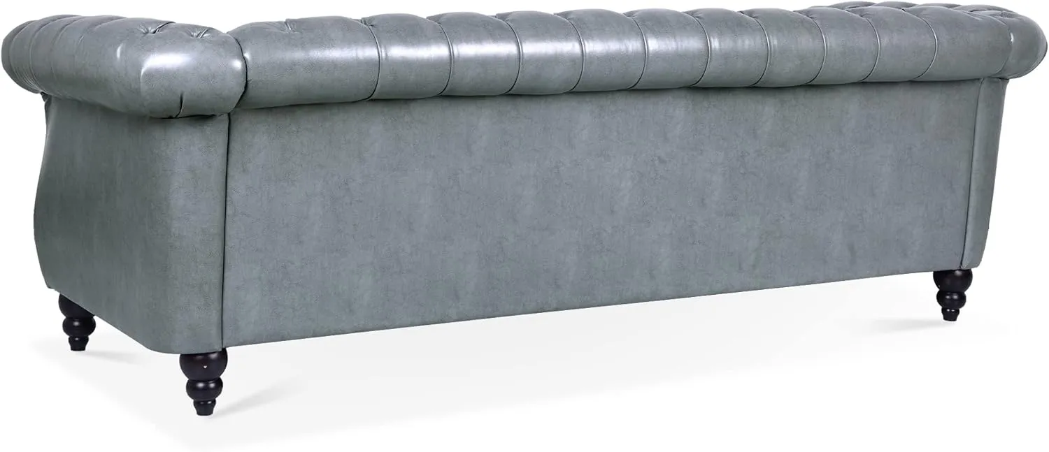 84" Chesterfield PU Leather Sofa, Upholstered PU Sofa with Tufted Back, Classic 3 Seater Leather Couch Rolled Arm for Living Room Bedroom Office, Gray