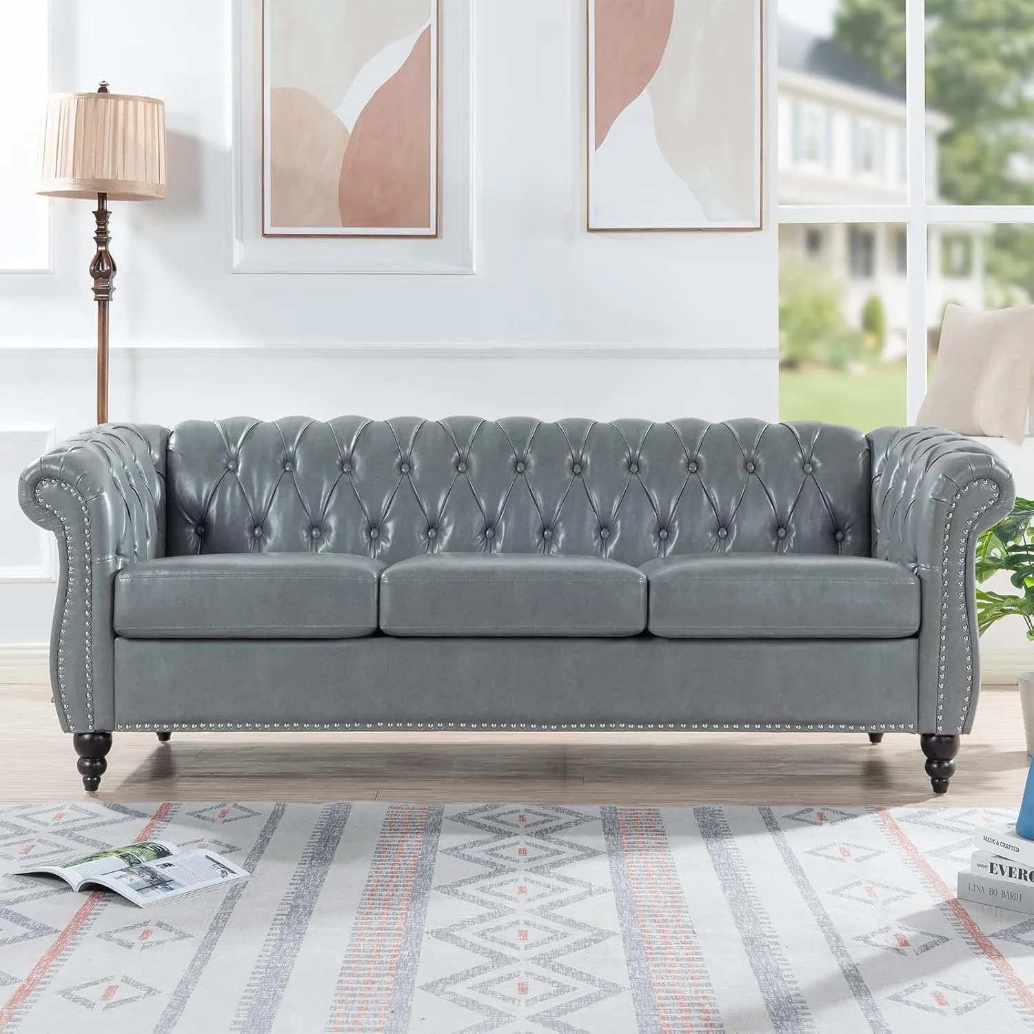 84" Chesterfield PU Leather Sofa, Upholstered PU Sofa with Tufted Back, Classic 3 Seater Leather Couch Rolled Arm for Living Room Bedroom Office, Gray