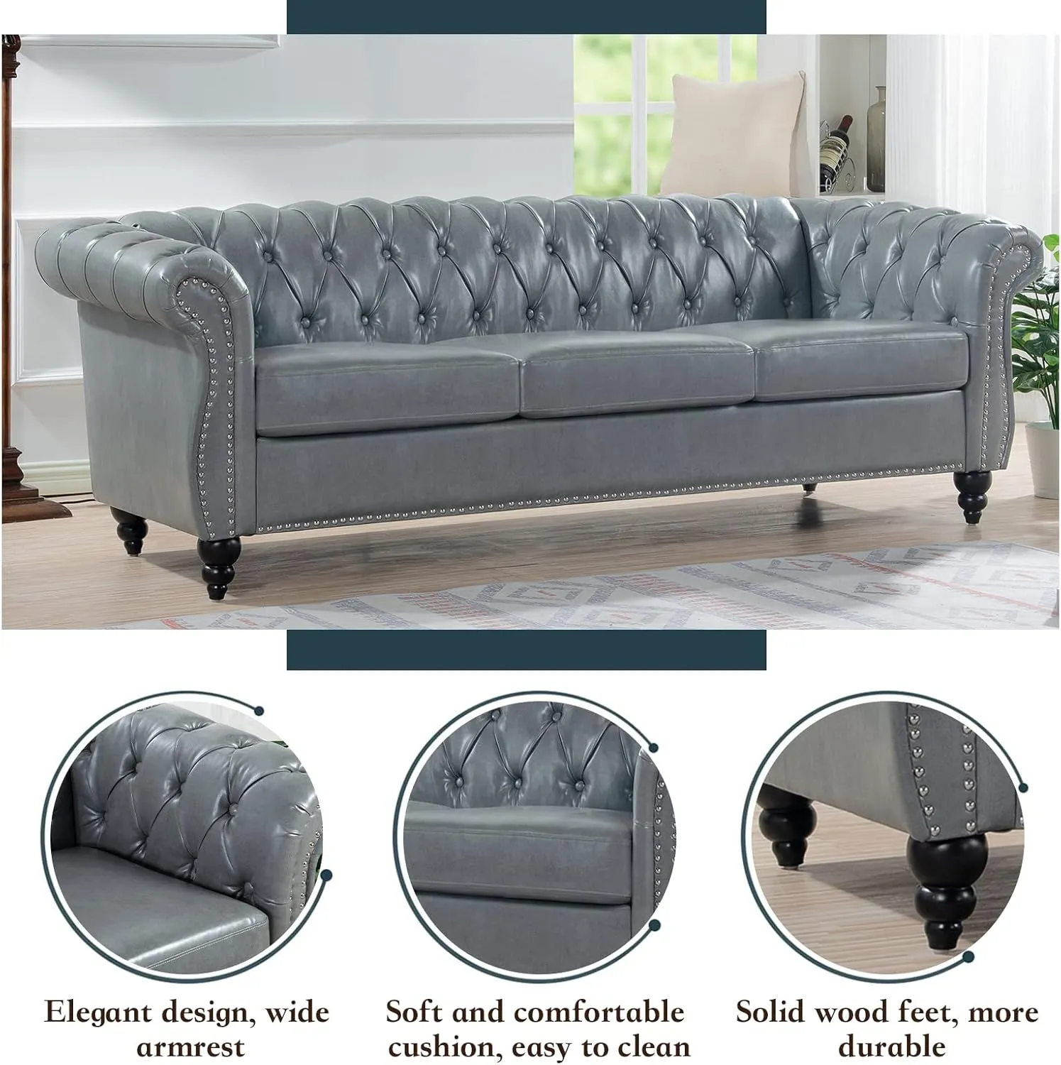 84" Chesterfield PU Leather Sofa, Upholstered PU Sofa with Tufted Back, Classic 3 Seater Leather Couch Rolled Arm for Living Room Bedroom Office, Gray