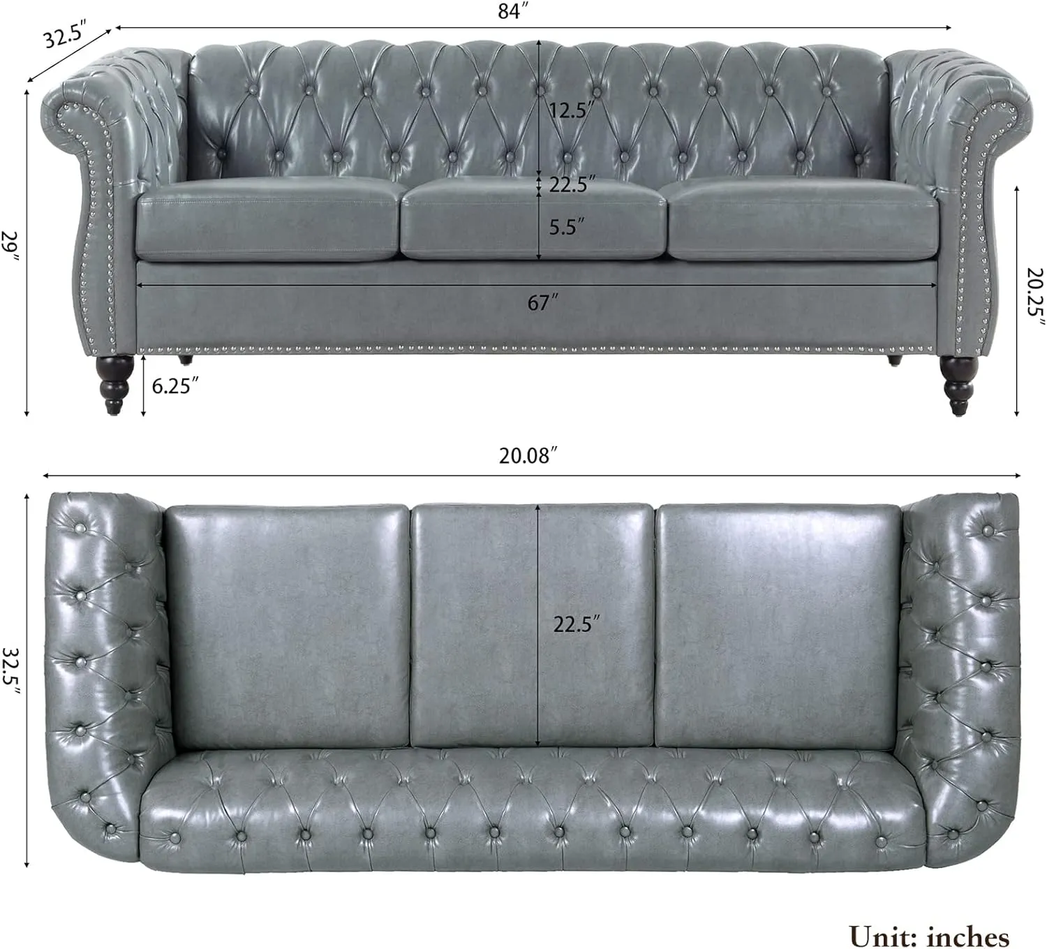 84" Chesterfield PU Leather Sofa, Upholstered PU Sofa with Tufted Back, Classic 3 Seater Leather Couch Rolled Arm for Living Room Bedroom Office, Gray