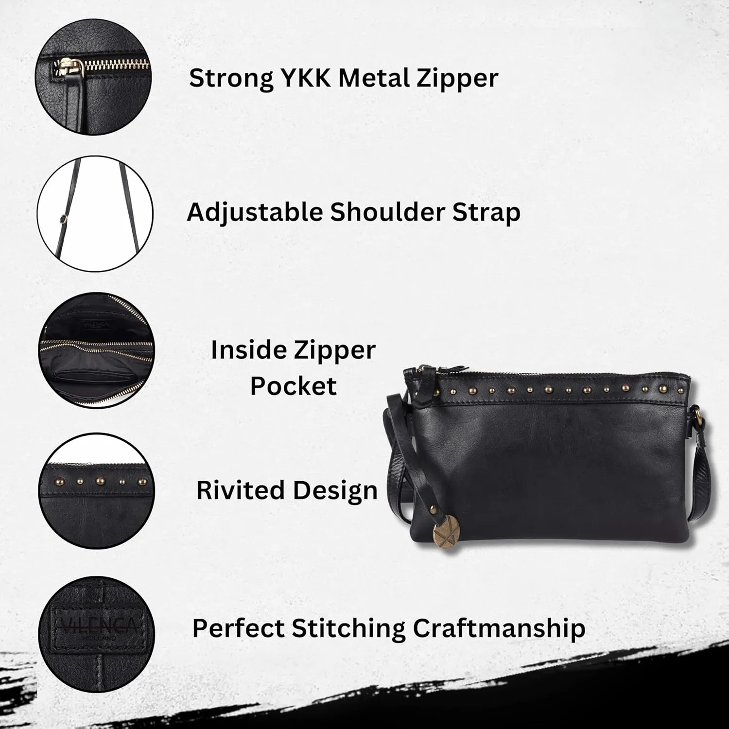 9 inch Women's Genuine Italian Leather Boho Studded Crossbody Sling Bag – Premium Quality, Stylish